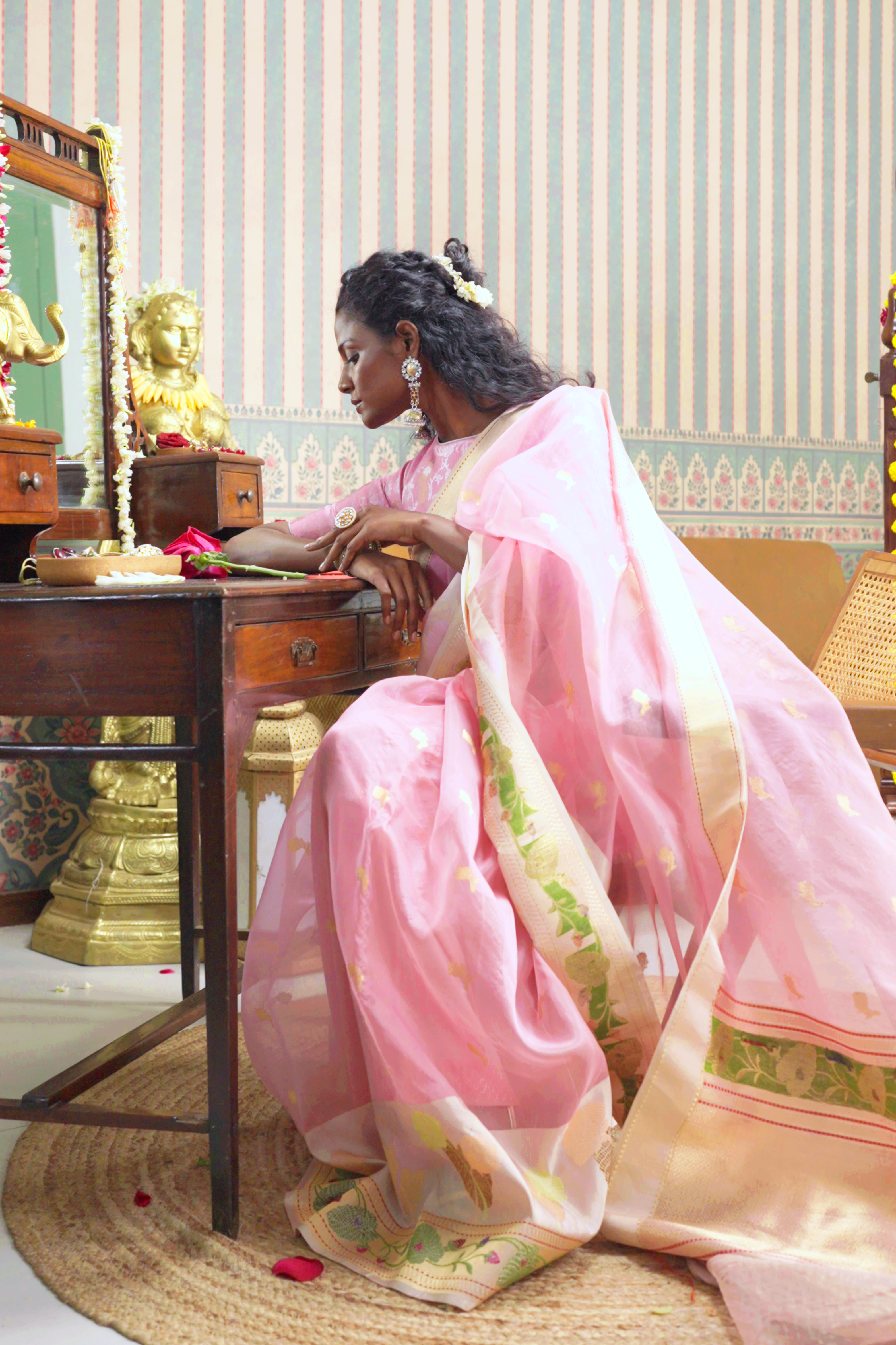 Light Pink Banarasi Kora Silk Saree