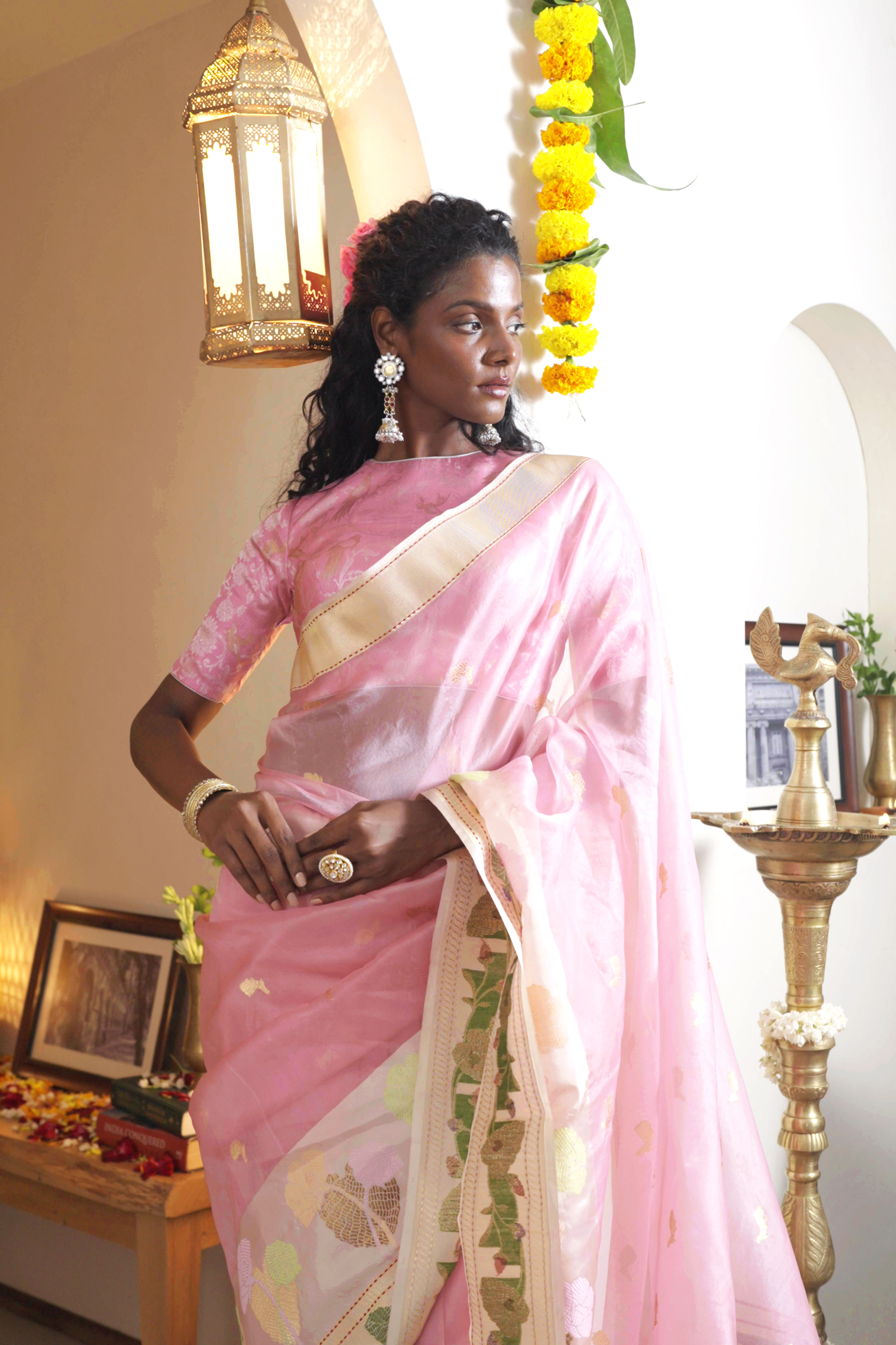 Light Pink Banarasi Kora Silk Saree