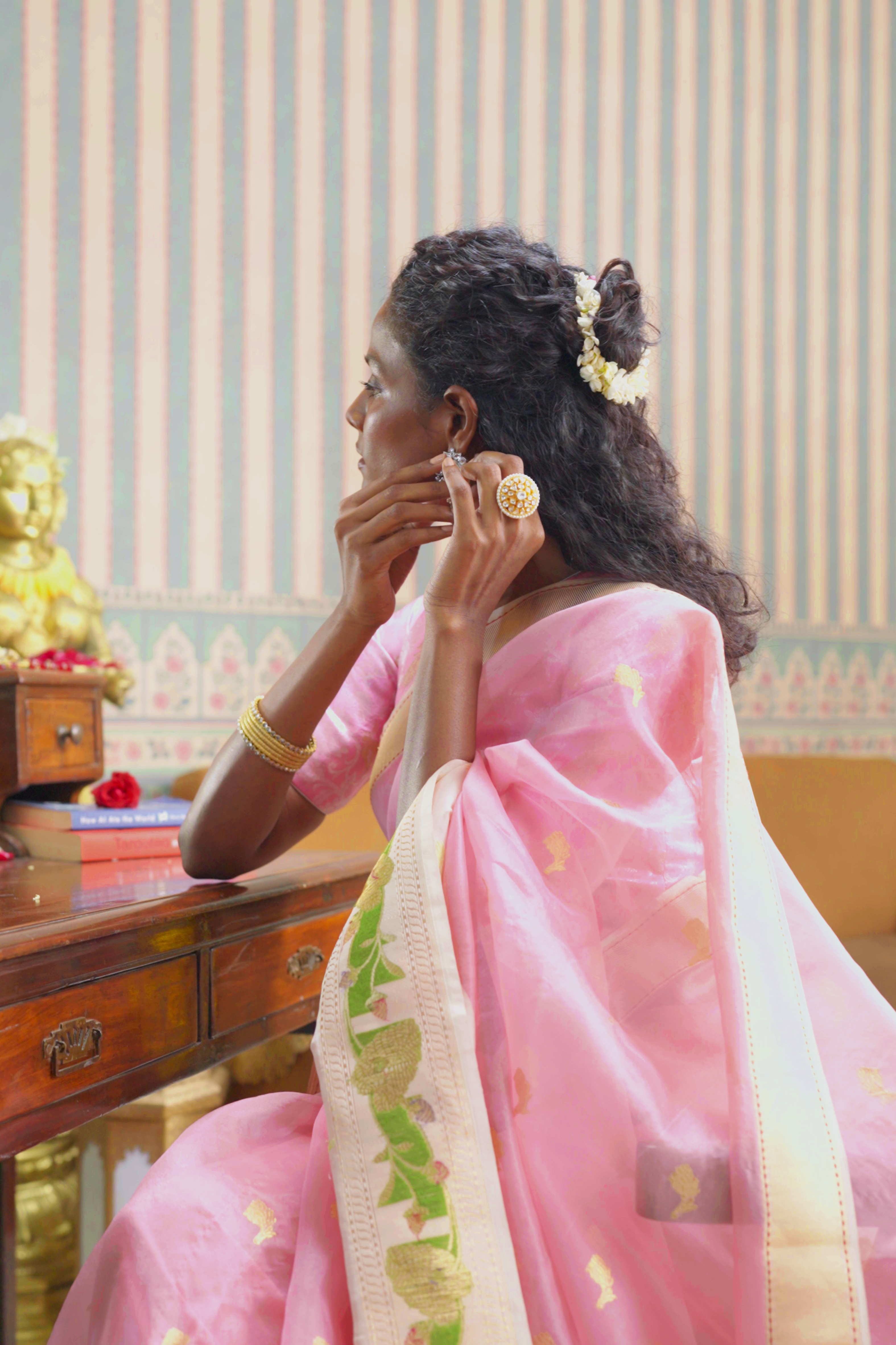 Light Pink Banarasi Kora Silk Saree