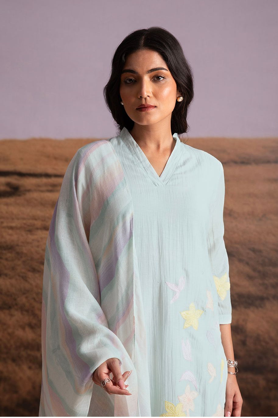 Crinkle Vegan Silk Applique Salwar Set- Artic Blue - Mokshaa