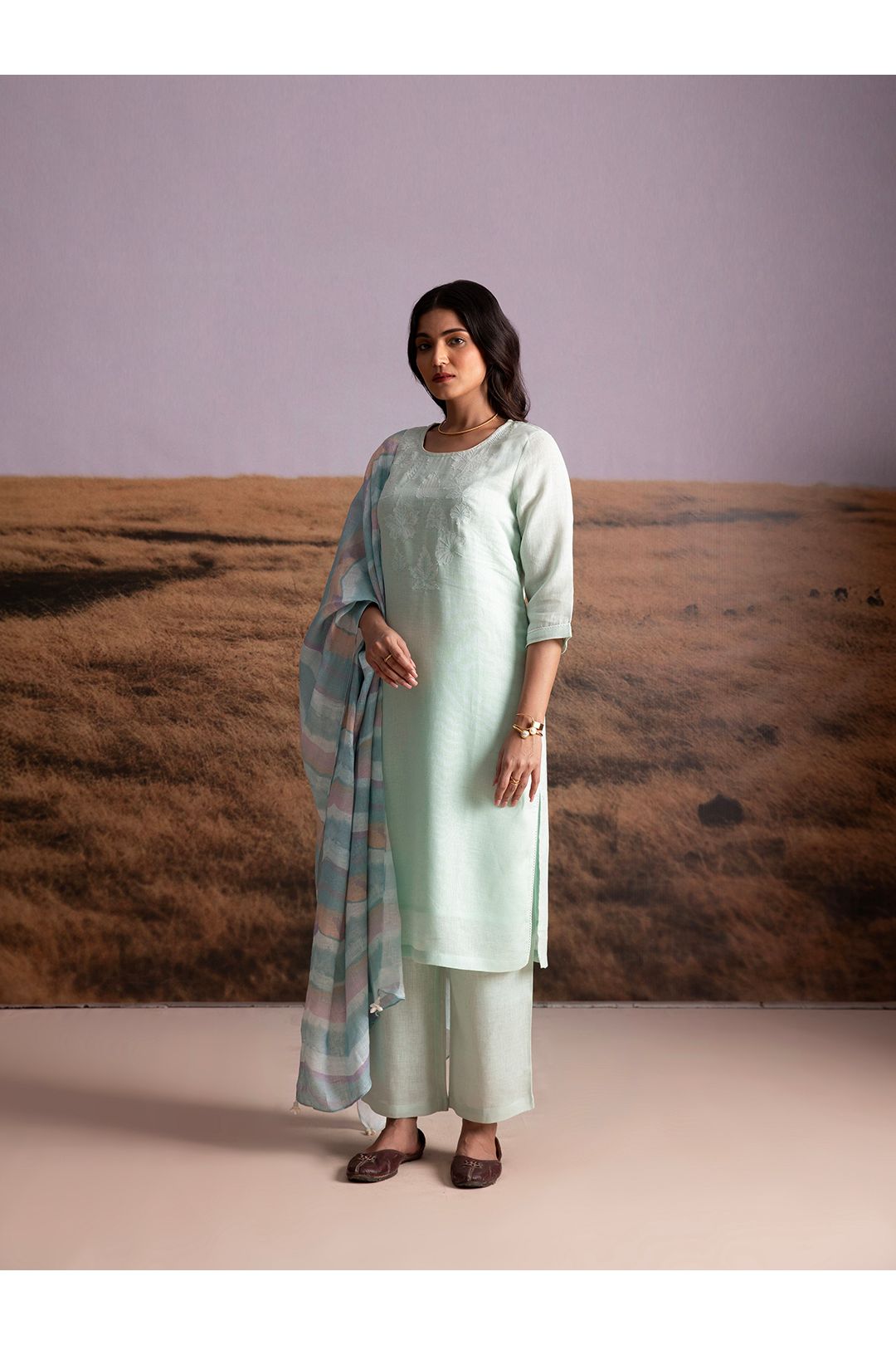 Mint Applique Karamiori Linen Salwar Set - Mokshaa