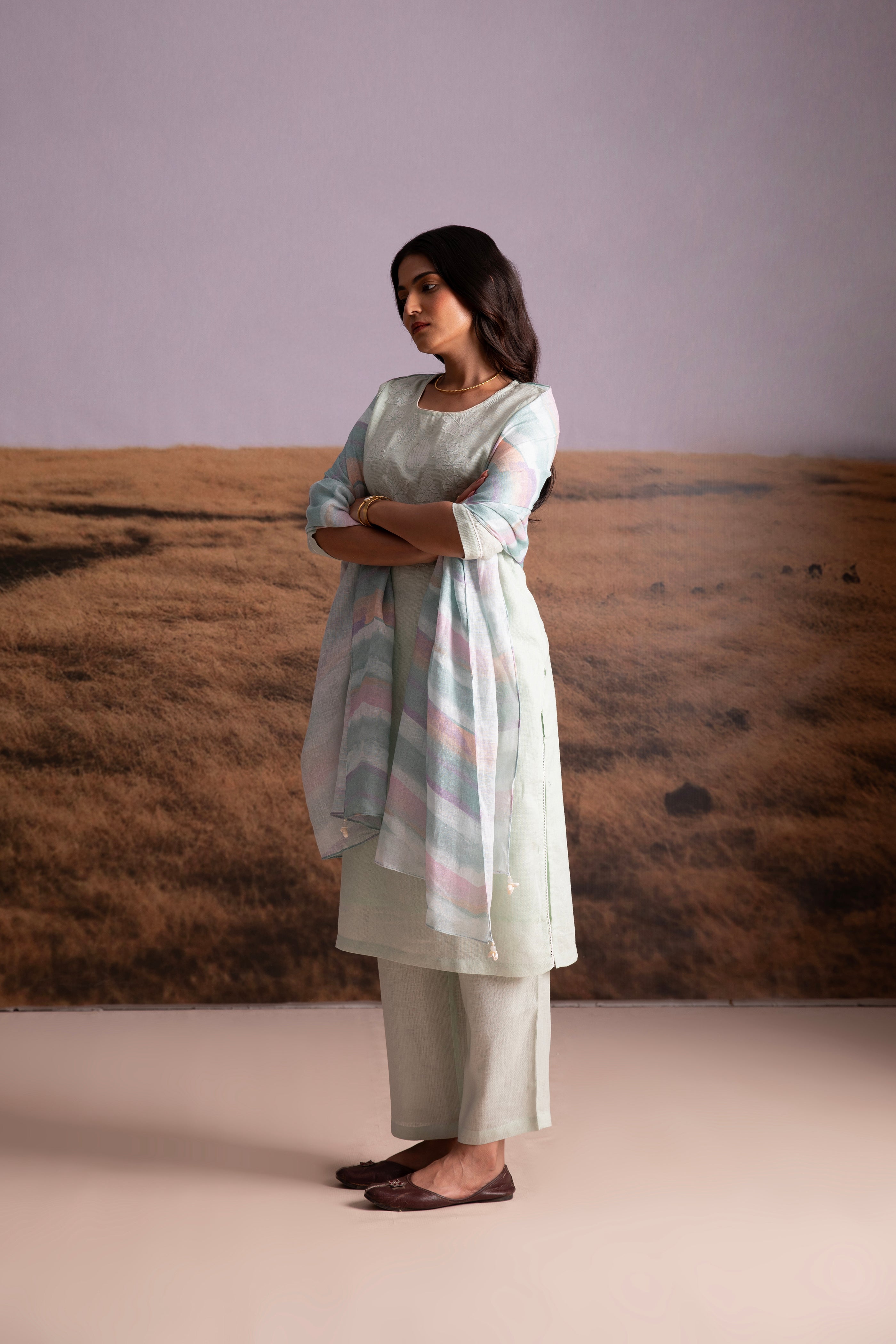 Mint Applique Karamiori Linen Salwar Set - Mokshaa