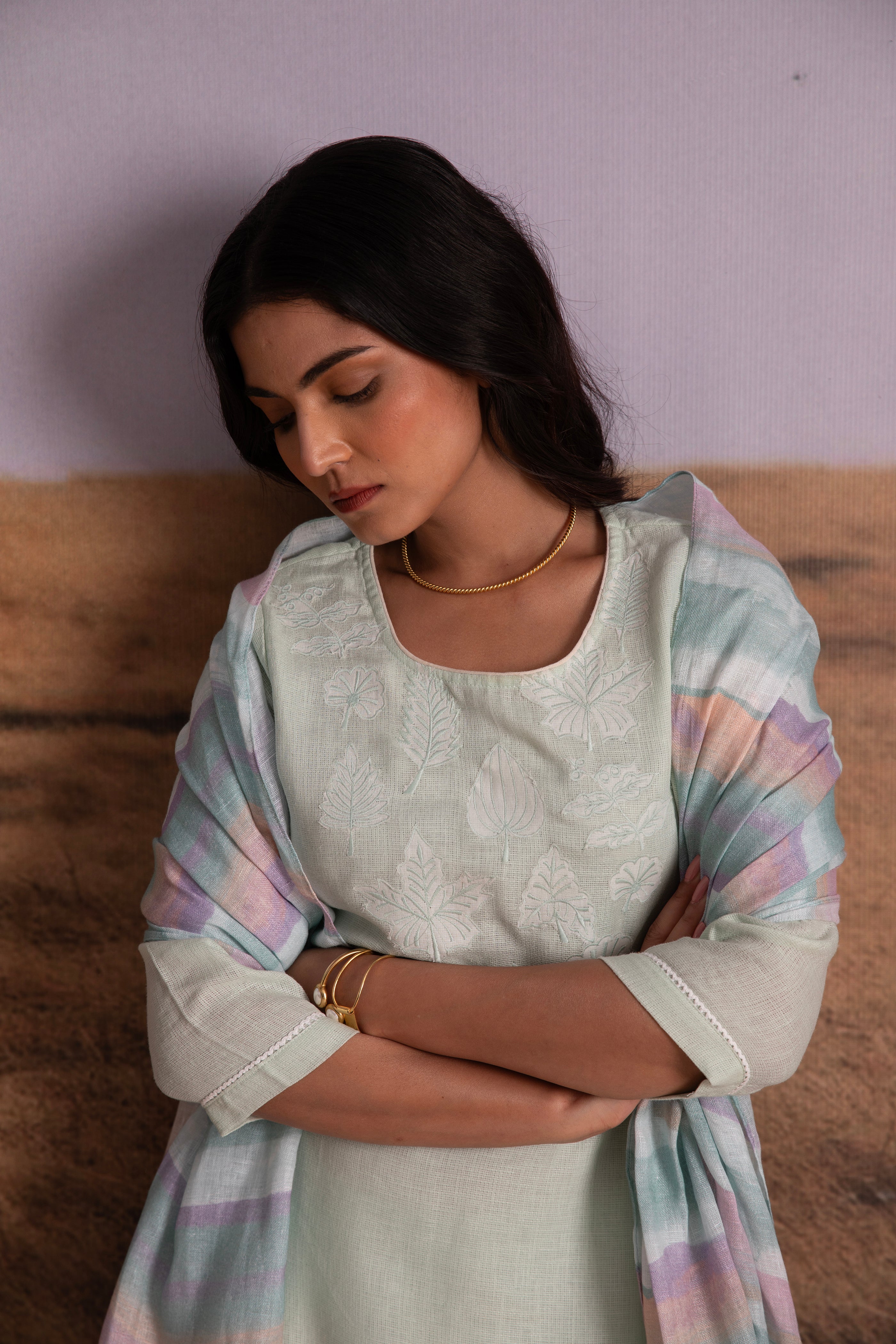 Mint Applique Karamiori Linen Salwar Set - Mokshaa