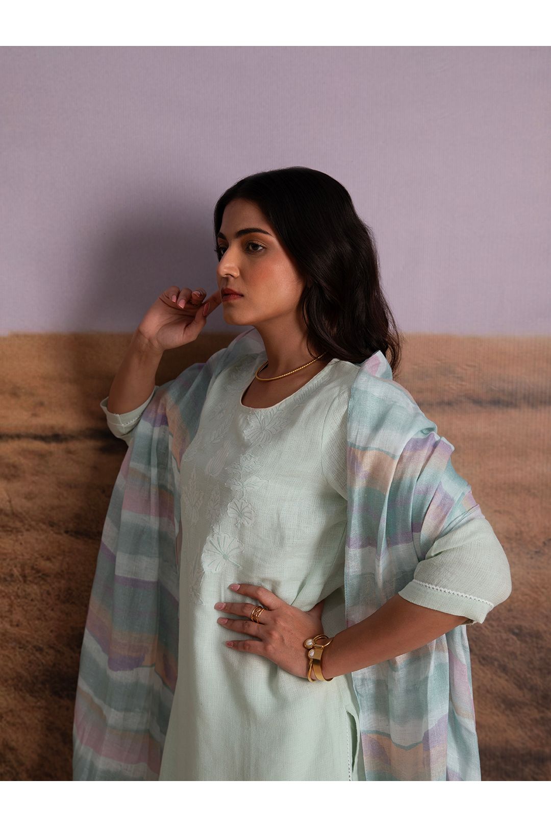 Mint Applique Karamiori Linen Salwar Set - Mokshaa