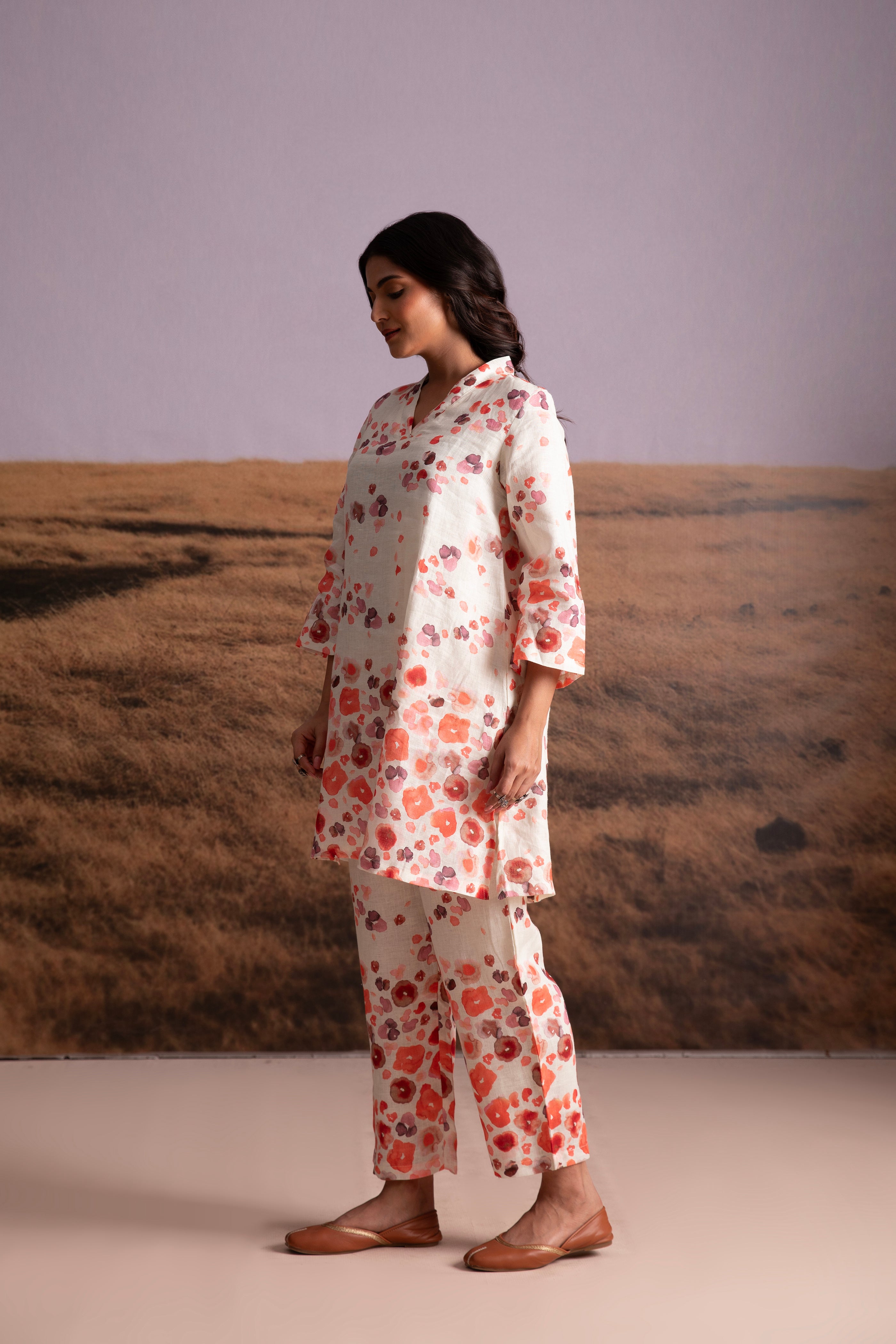 Pure Hemp Floral Co-ord Set-Cream - Mokshaa