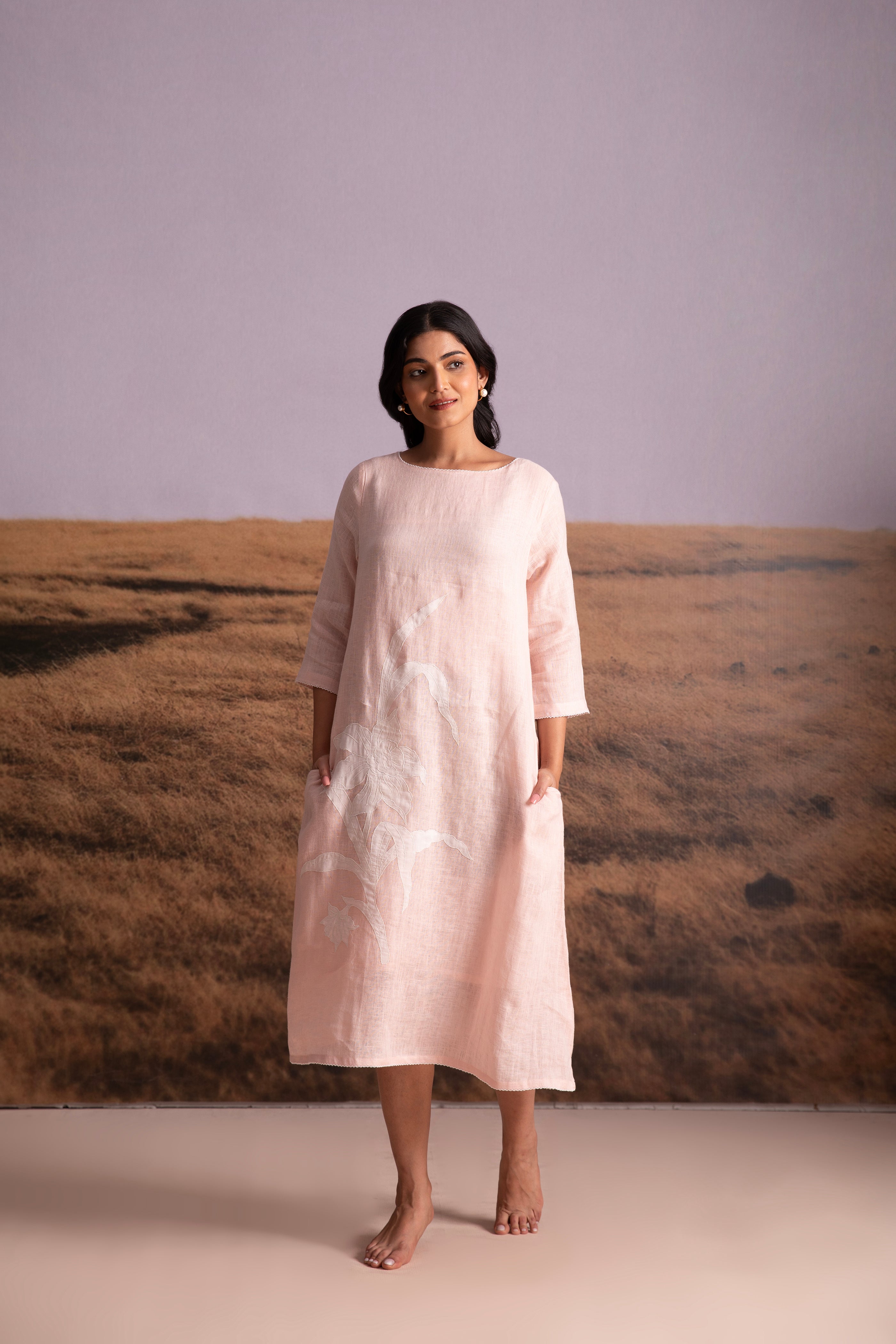 Pure Hemp Applique Dress-Pink - Mokshaa