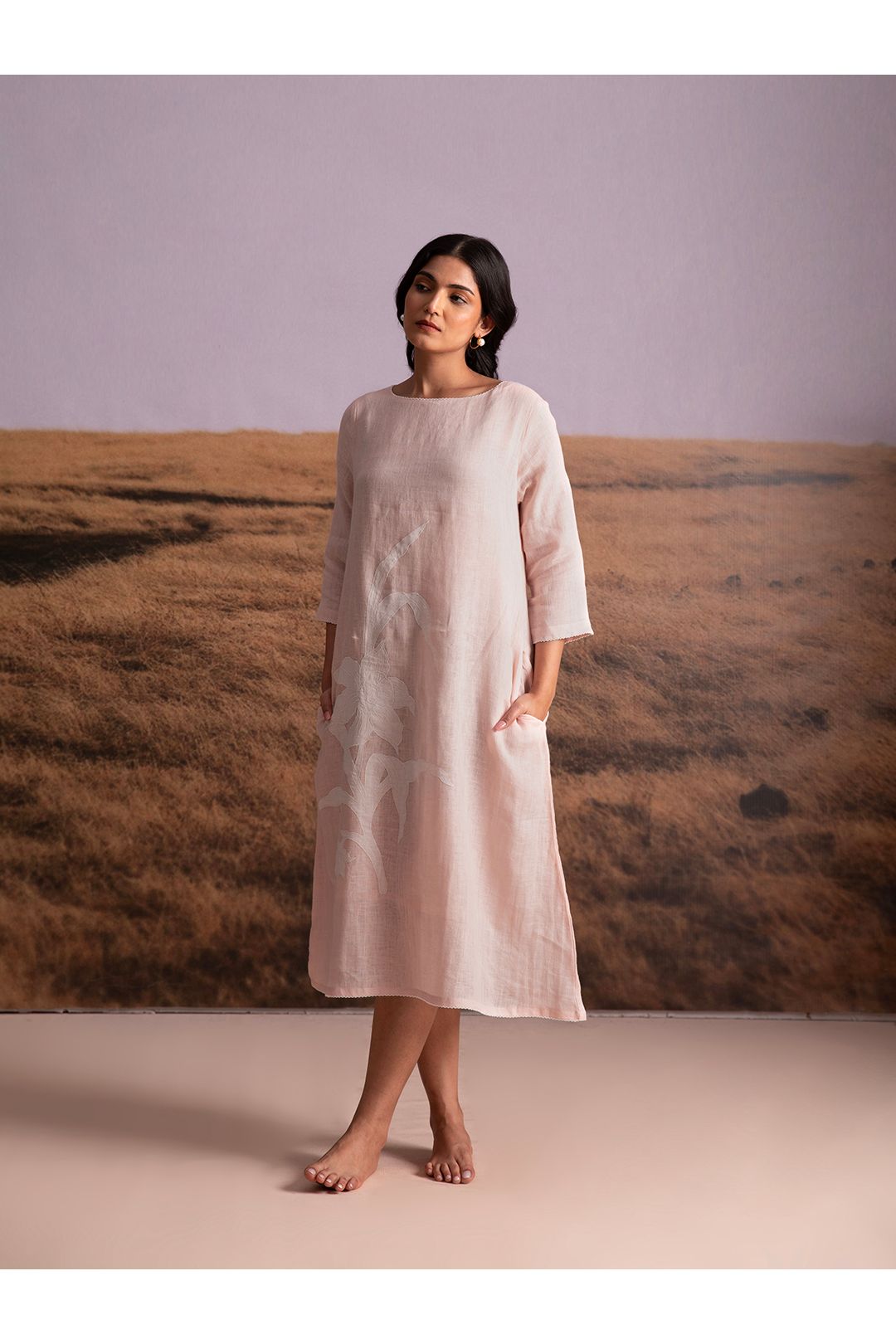 Pure Hemp Applique Dress-Pink - Mokshaa