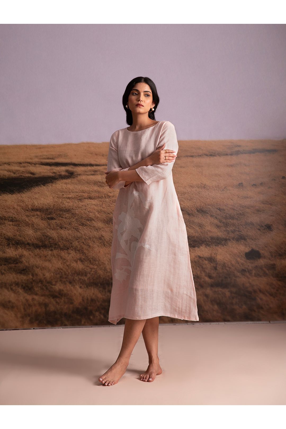 Pure Hemp Applique Dress-Pink - Mokshaa
