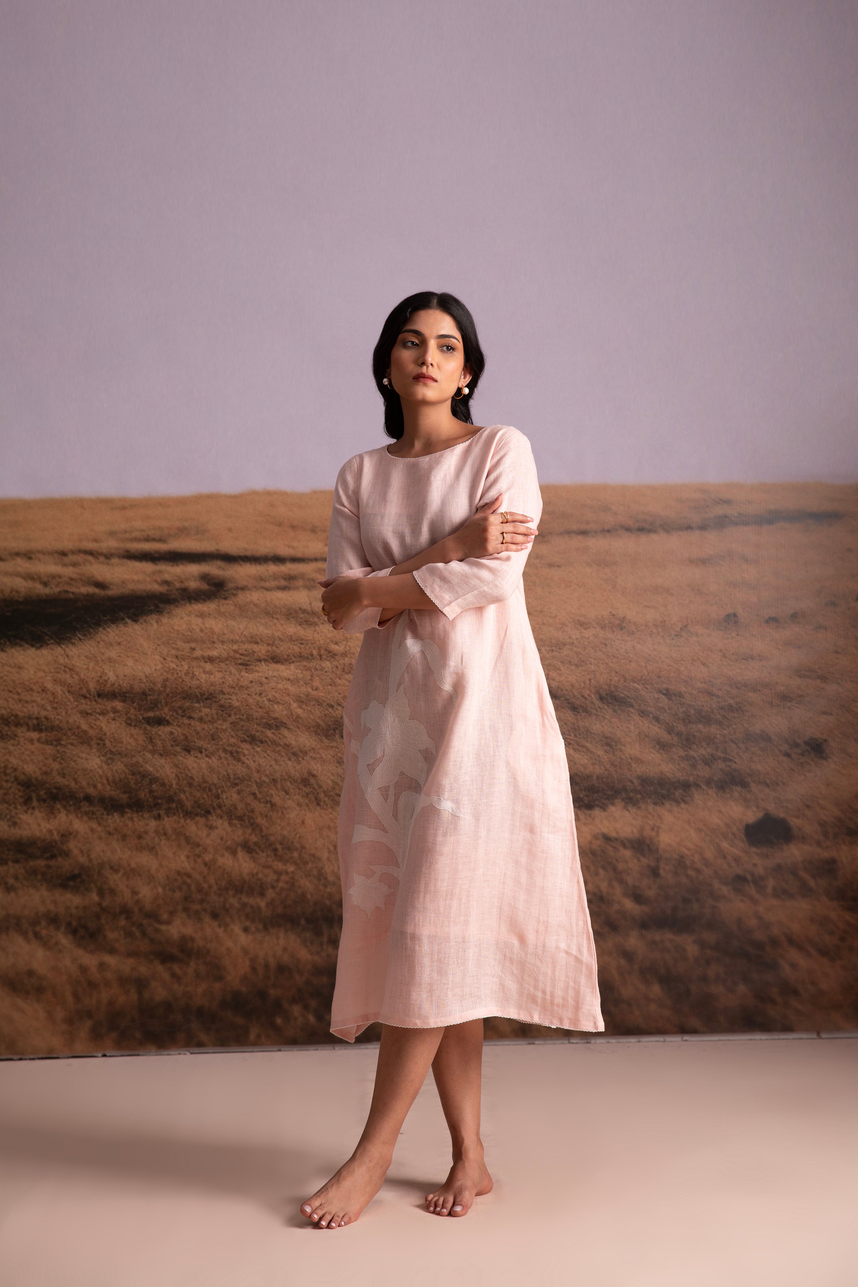 Pure Hemp Applique Dress-Pink - Mokshaa
