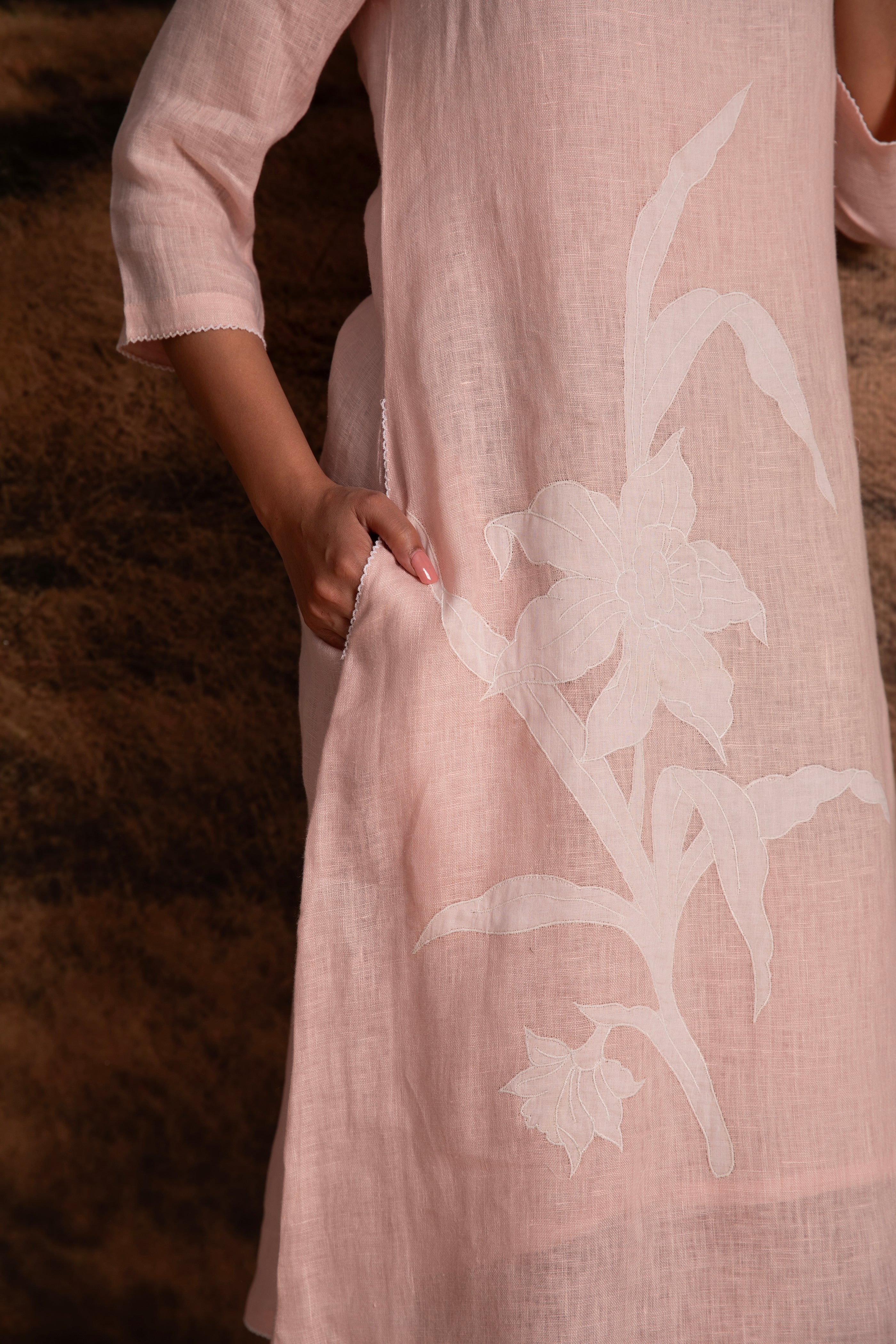 Pure Hemp Applique Dress-Pink - Mokshaa