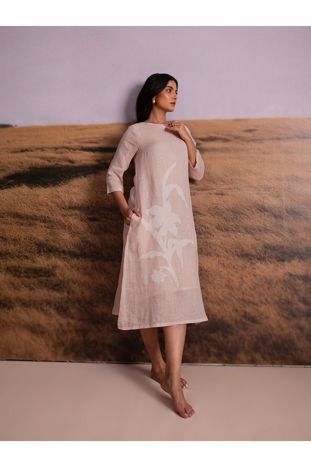 Pure Hemp Applique Dress-Pink - Mokshaa
