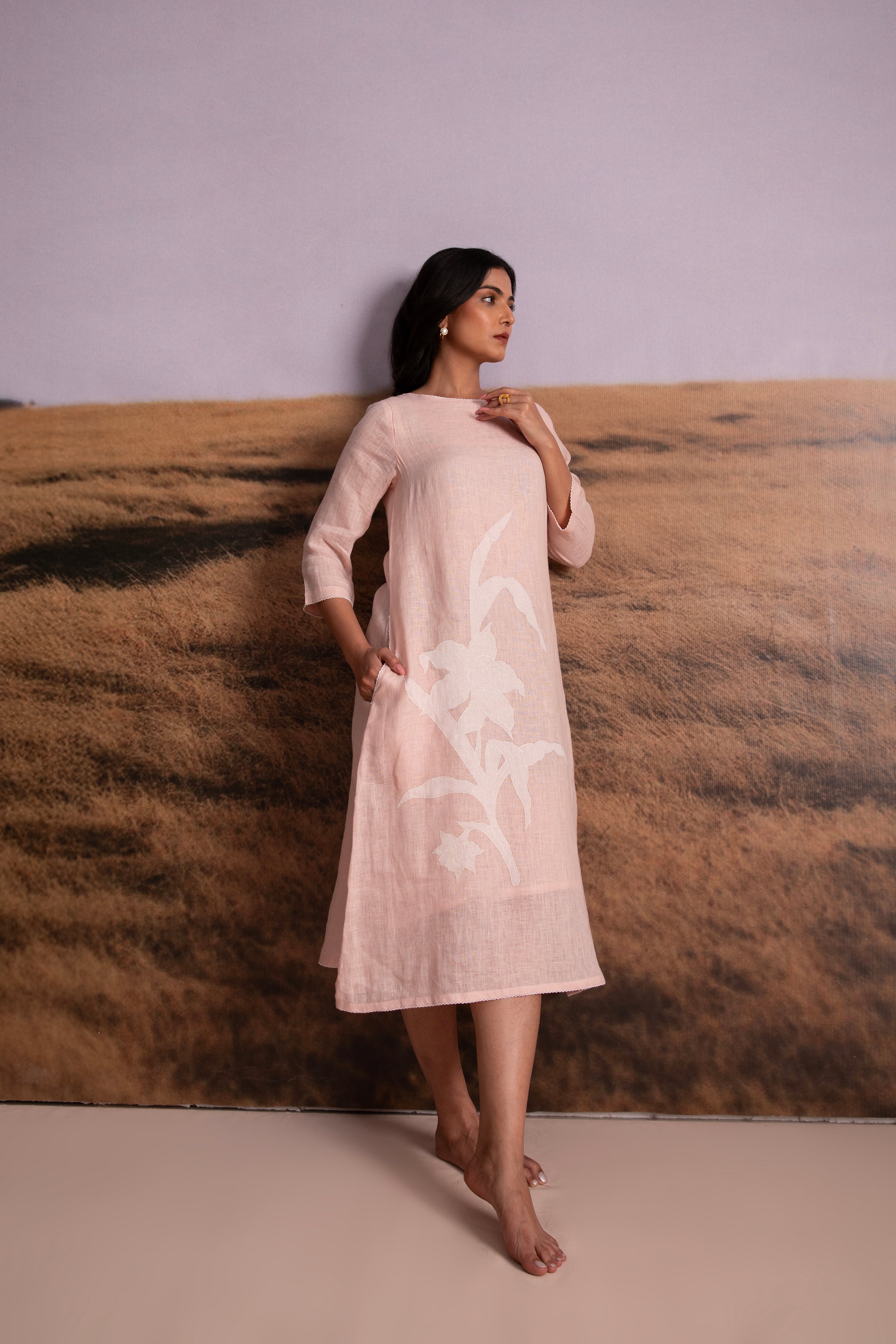 Pure Hemp Applique Dress-Pink - Mokshaa