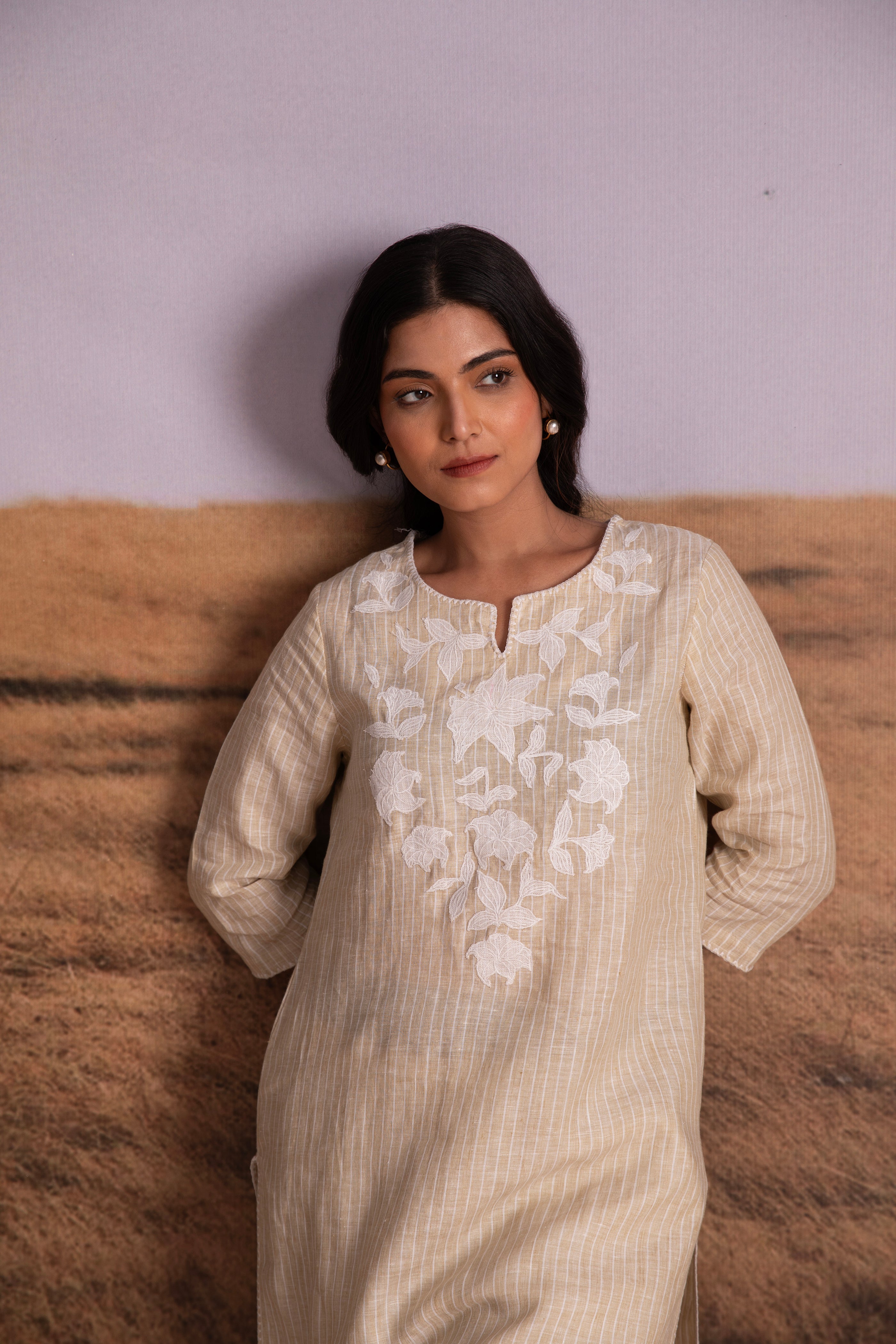 Pure Hemp Striped Applique Kurta Set-Natural - Mokshaa
