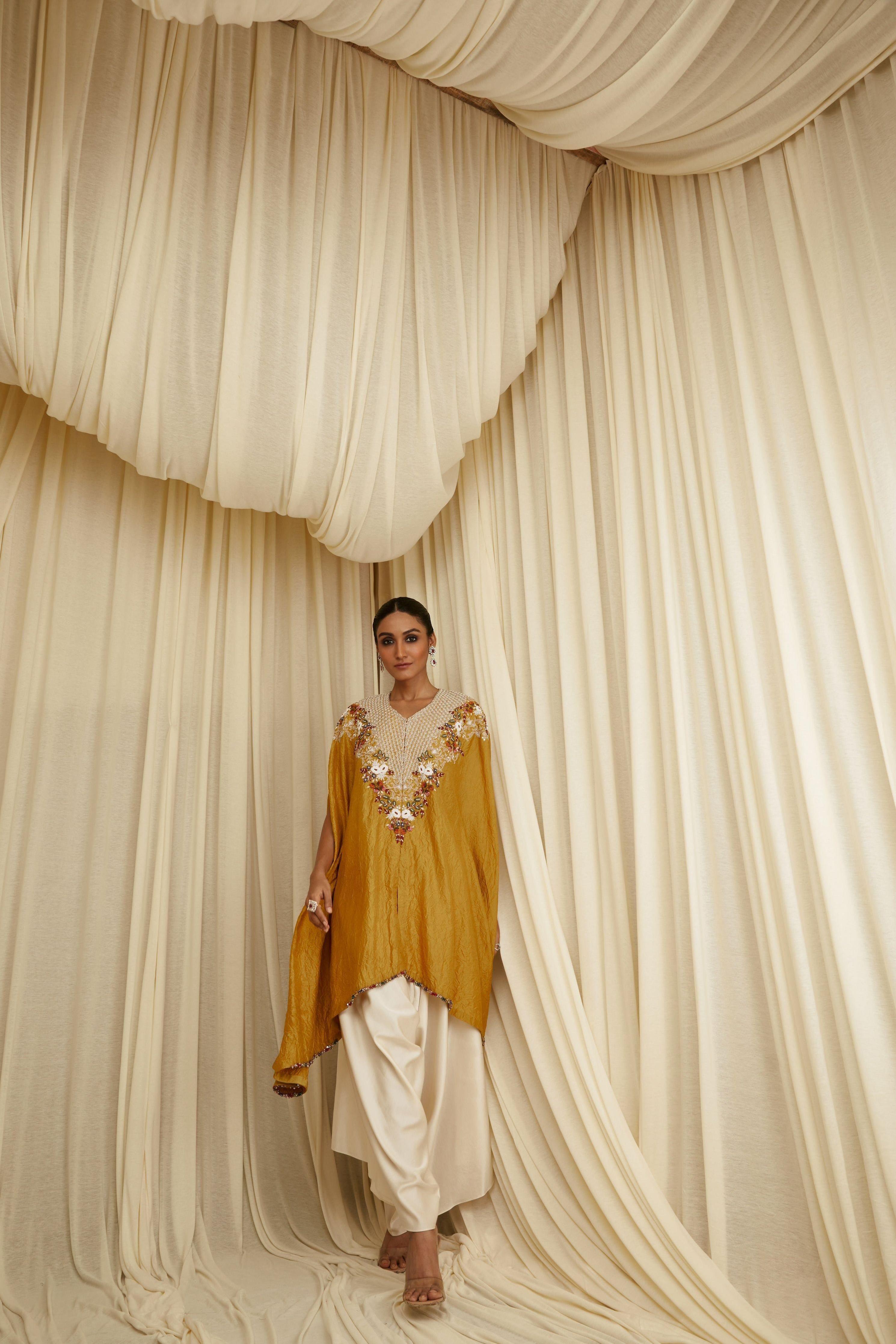 Mustard Multi-Thread Beehive Crushed Kaftan Set - Mokshaa
