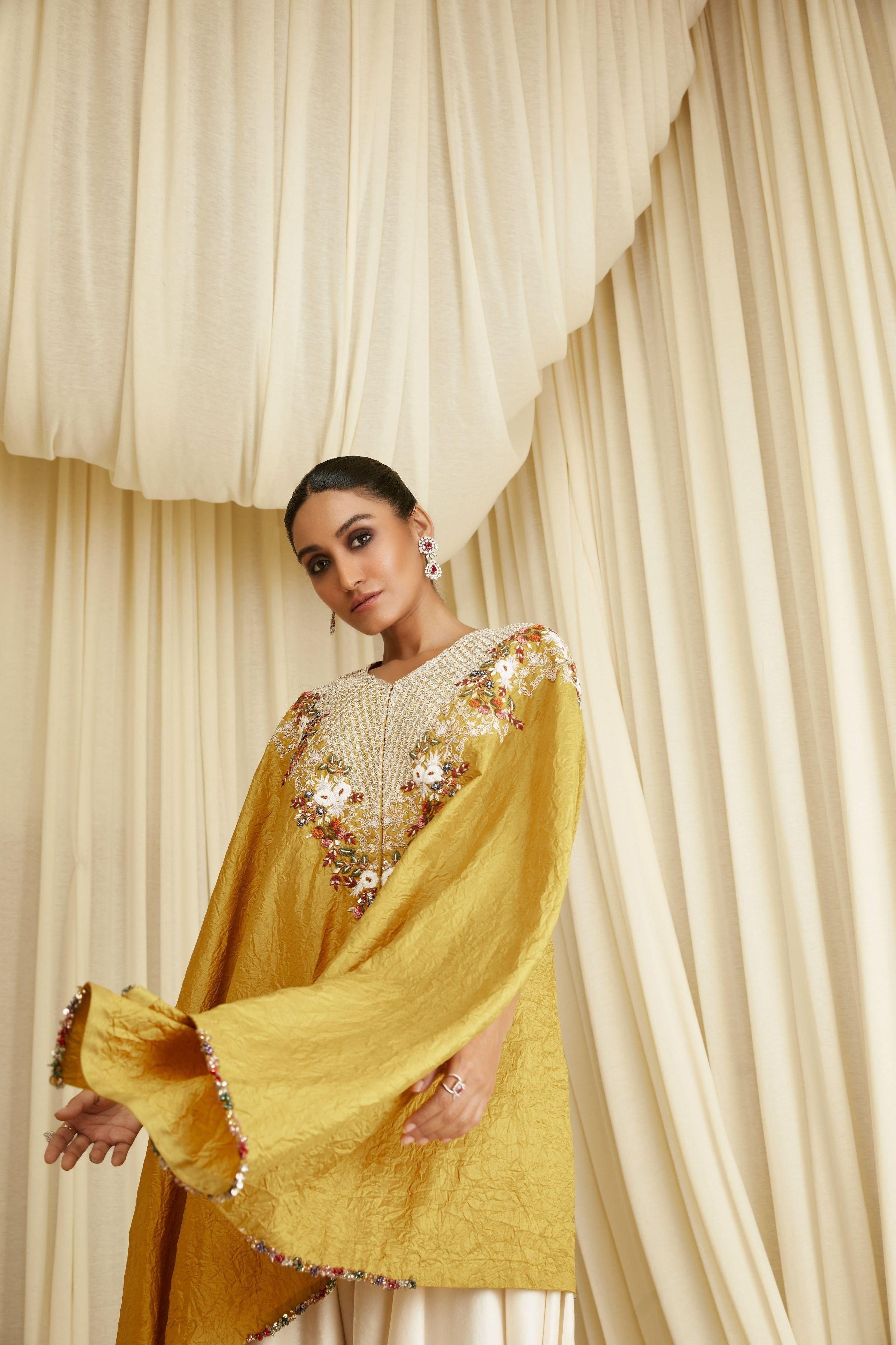 Mustard Multi-Thread Beehive Crushed Kaftan Set - Mokshaa