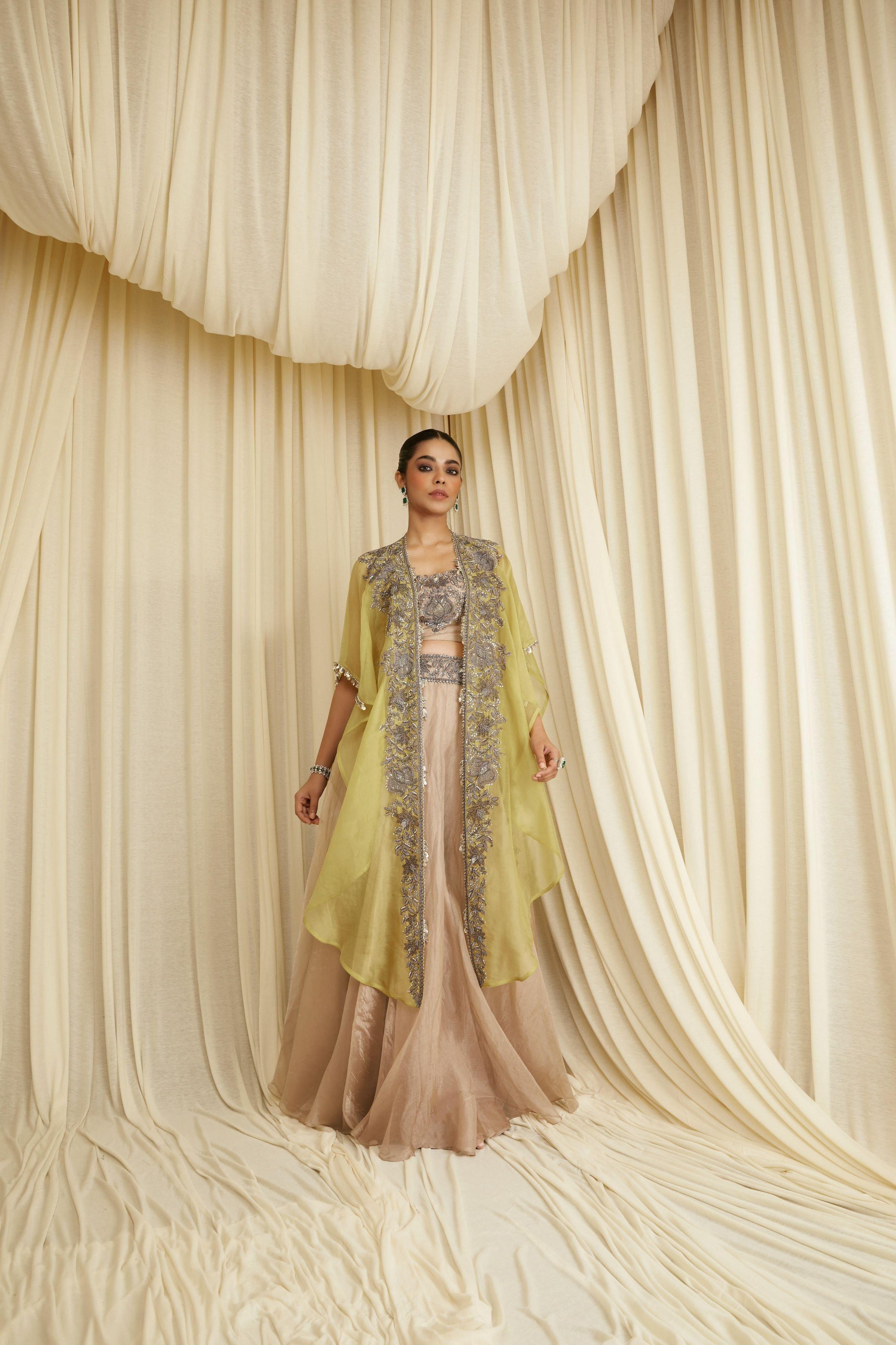 Antique Grey Tissue Skirt Set - Mokshaa