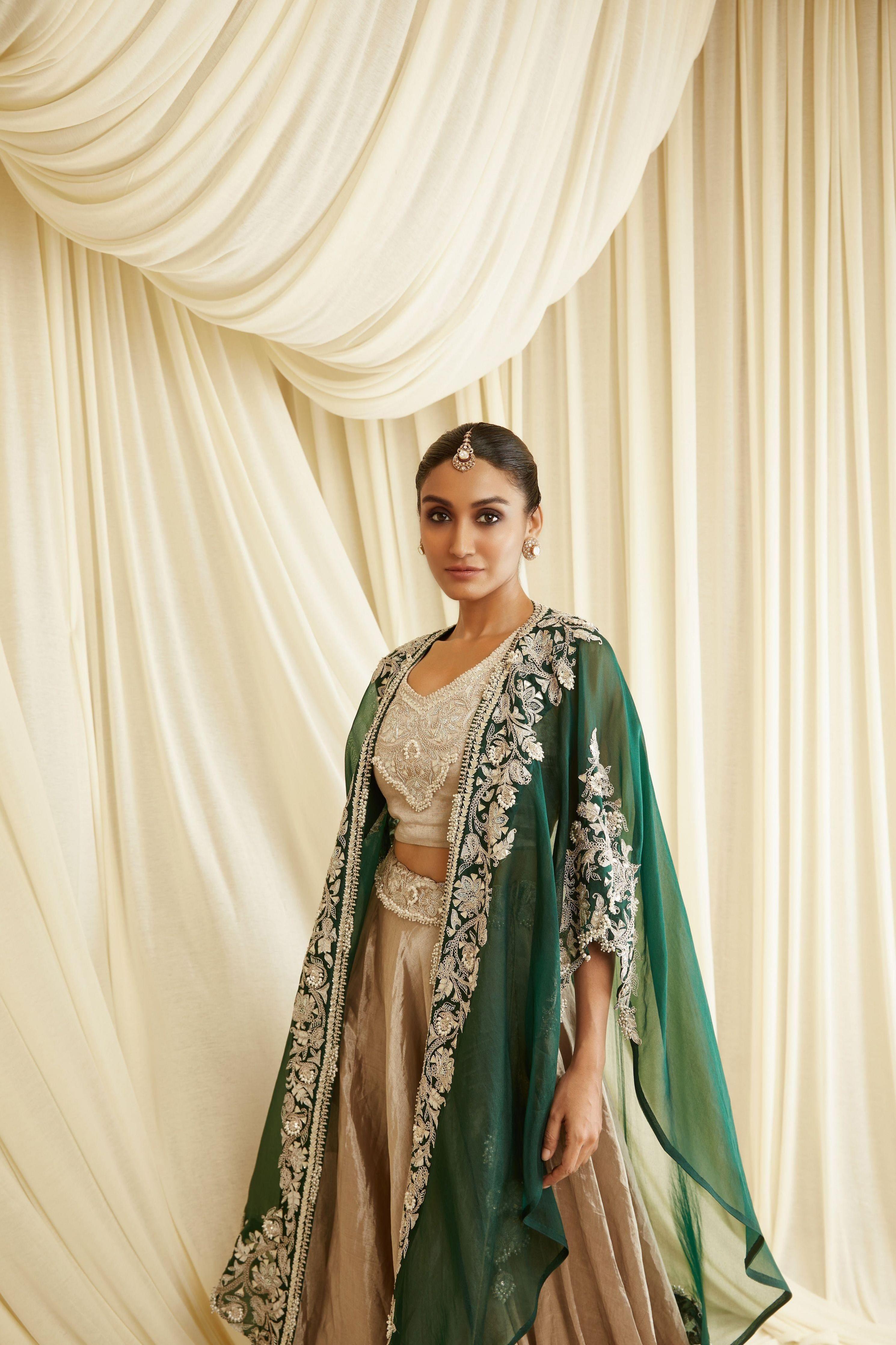 Bottle Green Cape And Champagne Blouse And Skirt - Mokshaa