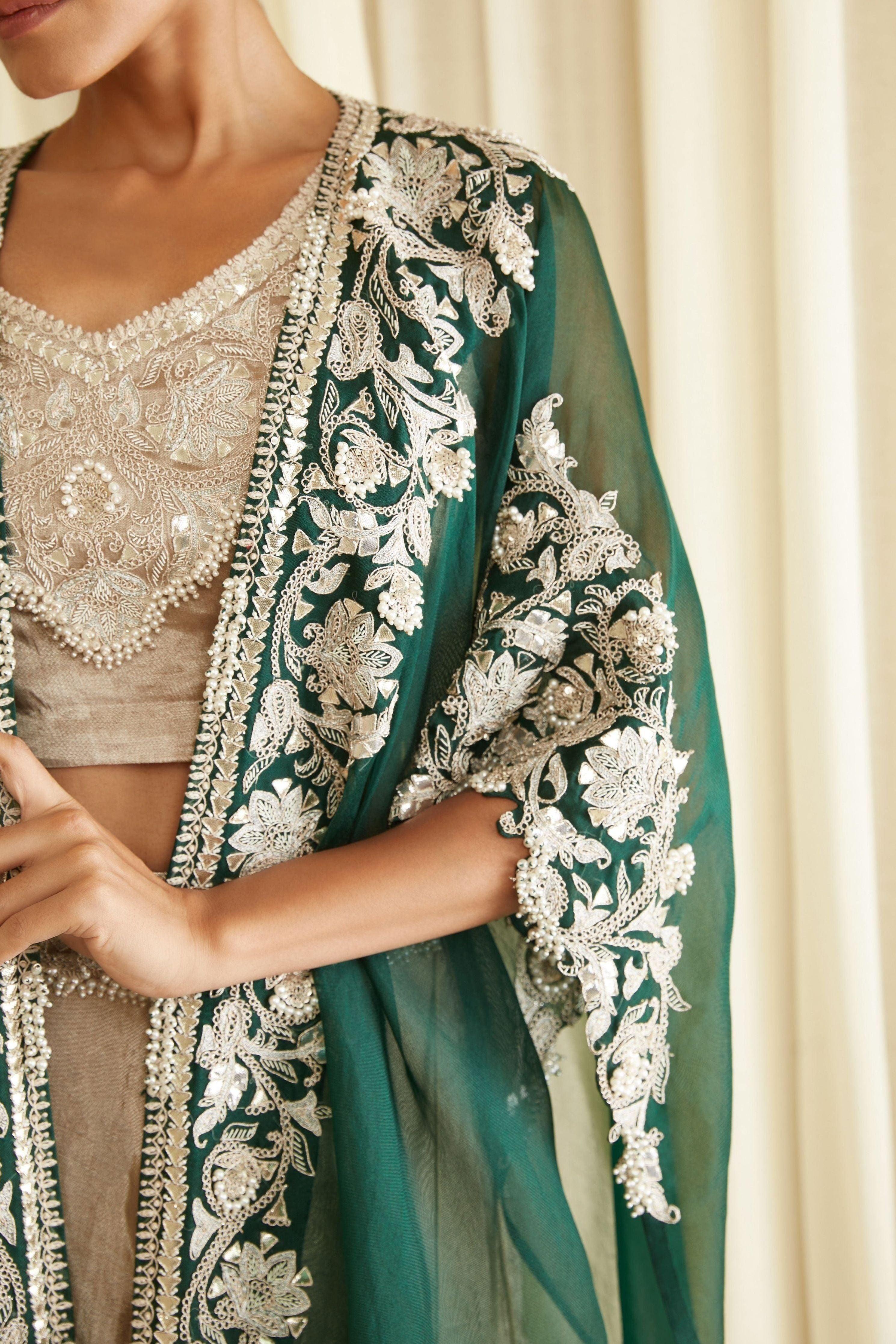 Bottle Green Cape And Champagne Blouse And Skirt - Mokshaa