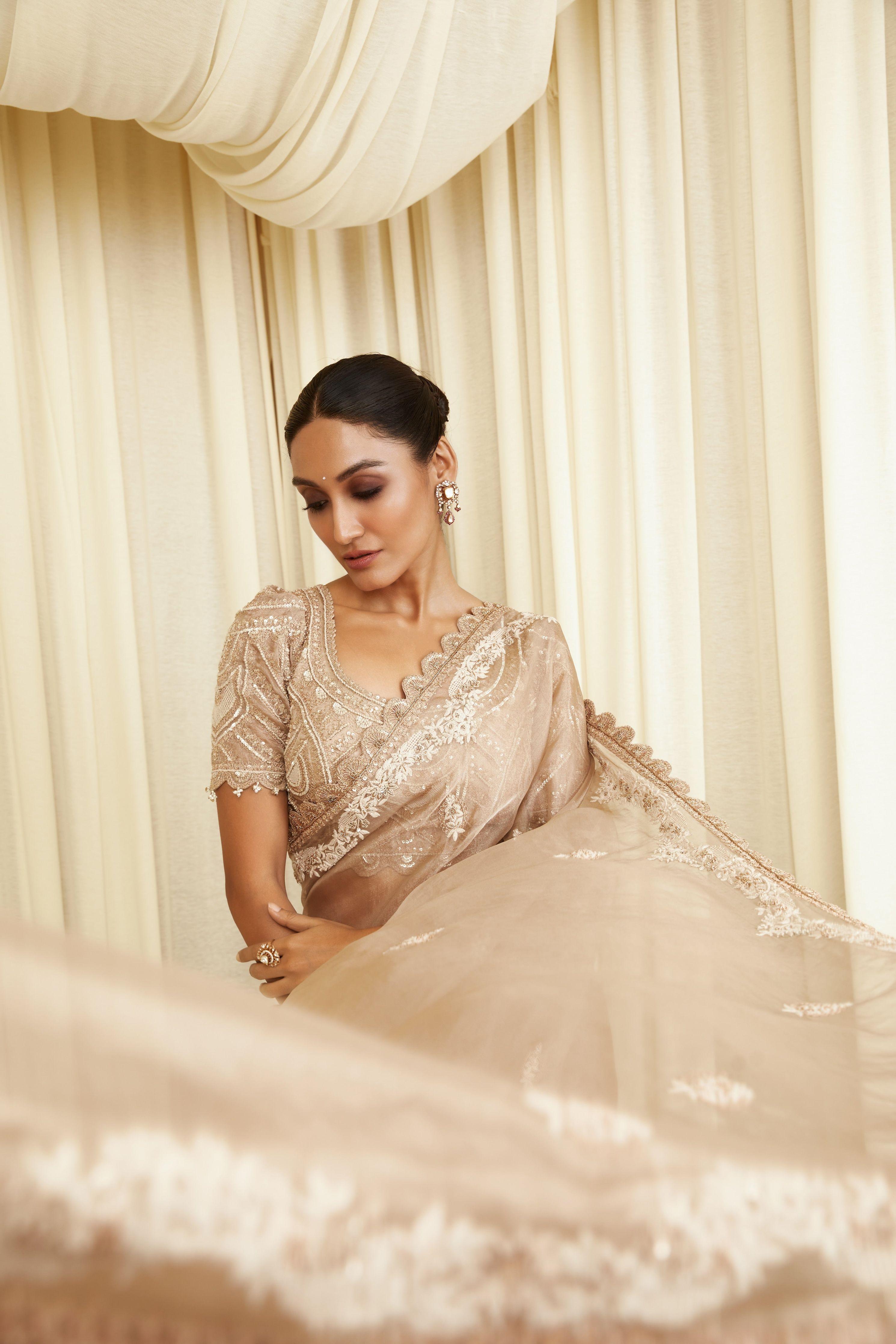 Champagne Tissue Saree - Mokshaa