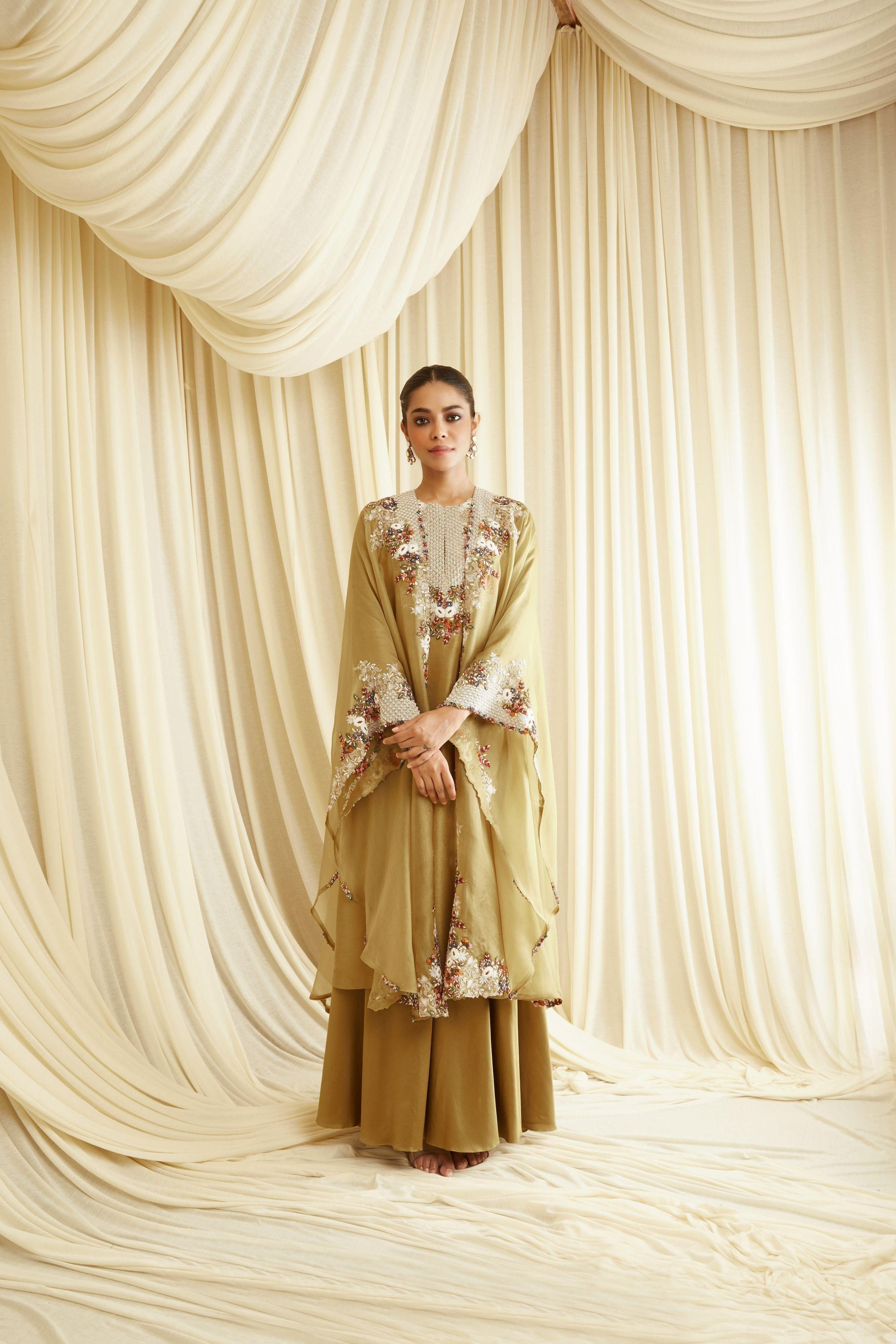 Olive Multithread Suit With Cape - Mokshaa