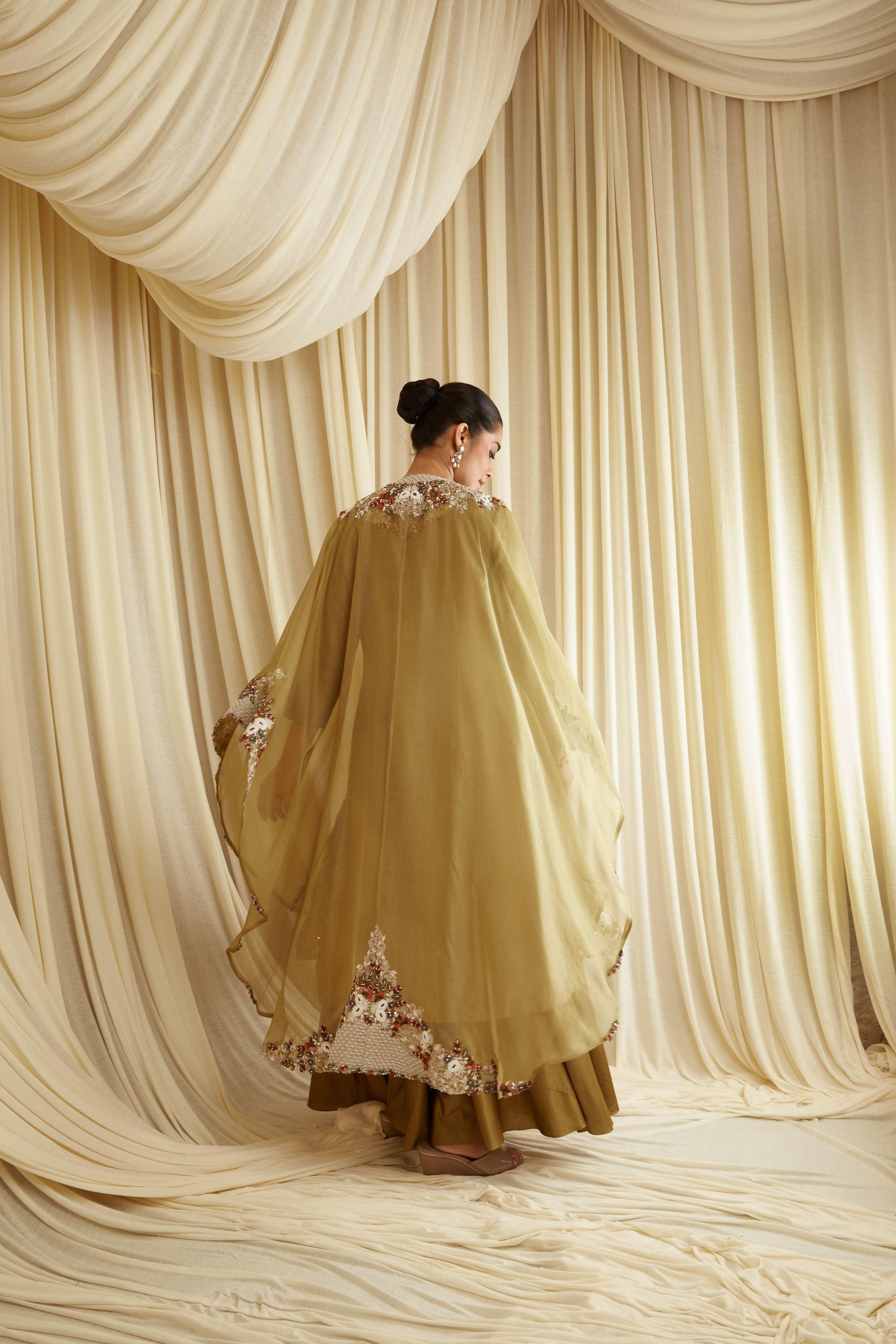 Olive Multithread Suit With Cape - Mokshaa