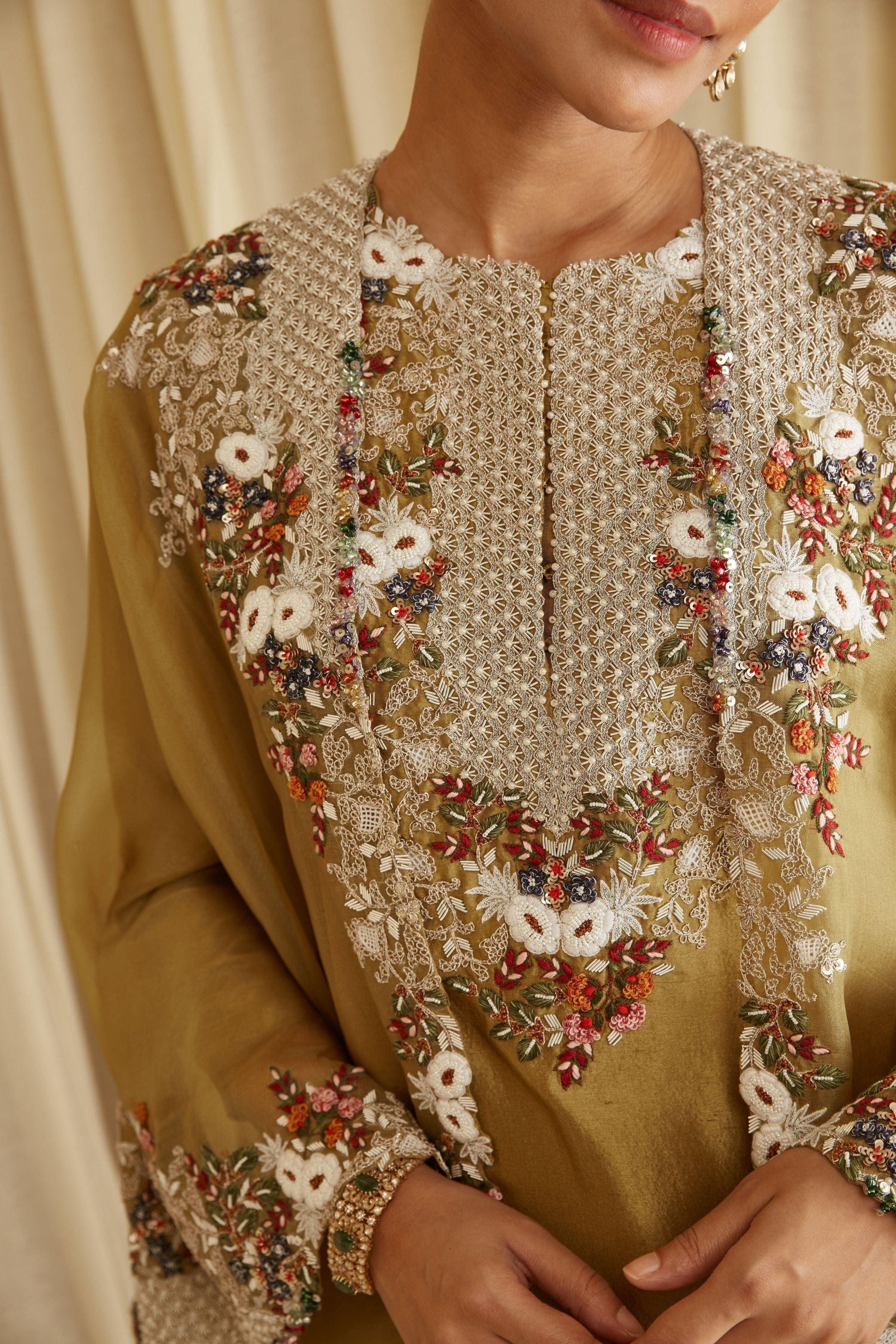 Olive Multithread Suit With Cape - Mokshaa