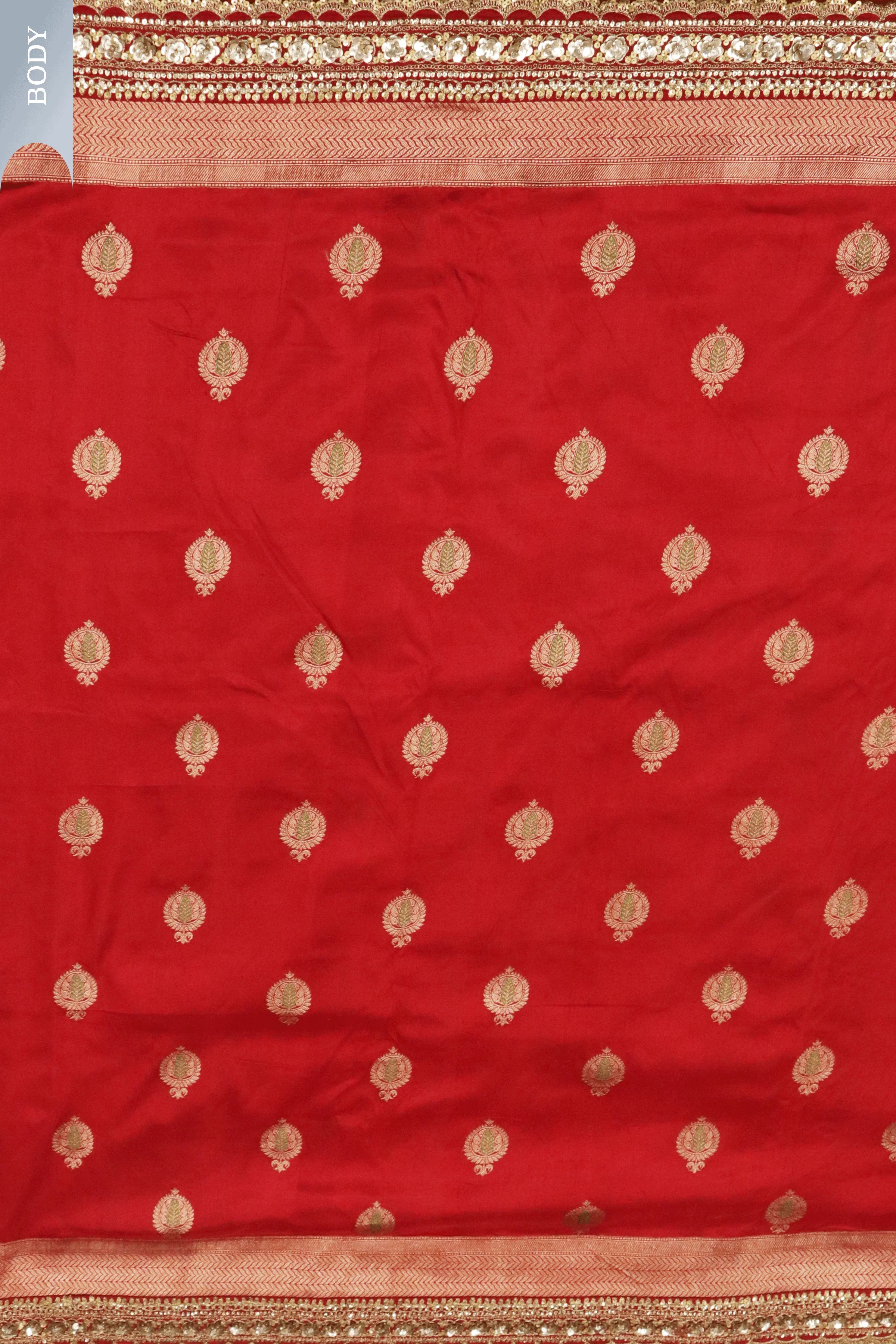 Red Banarasi Silk Saree with Kaduwa Buttas & Sequin Border - Mokshaa
