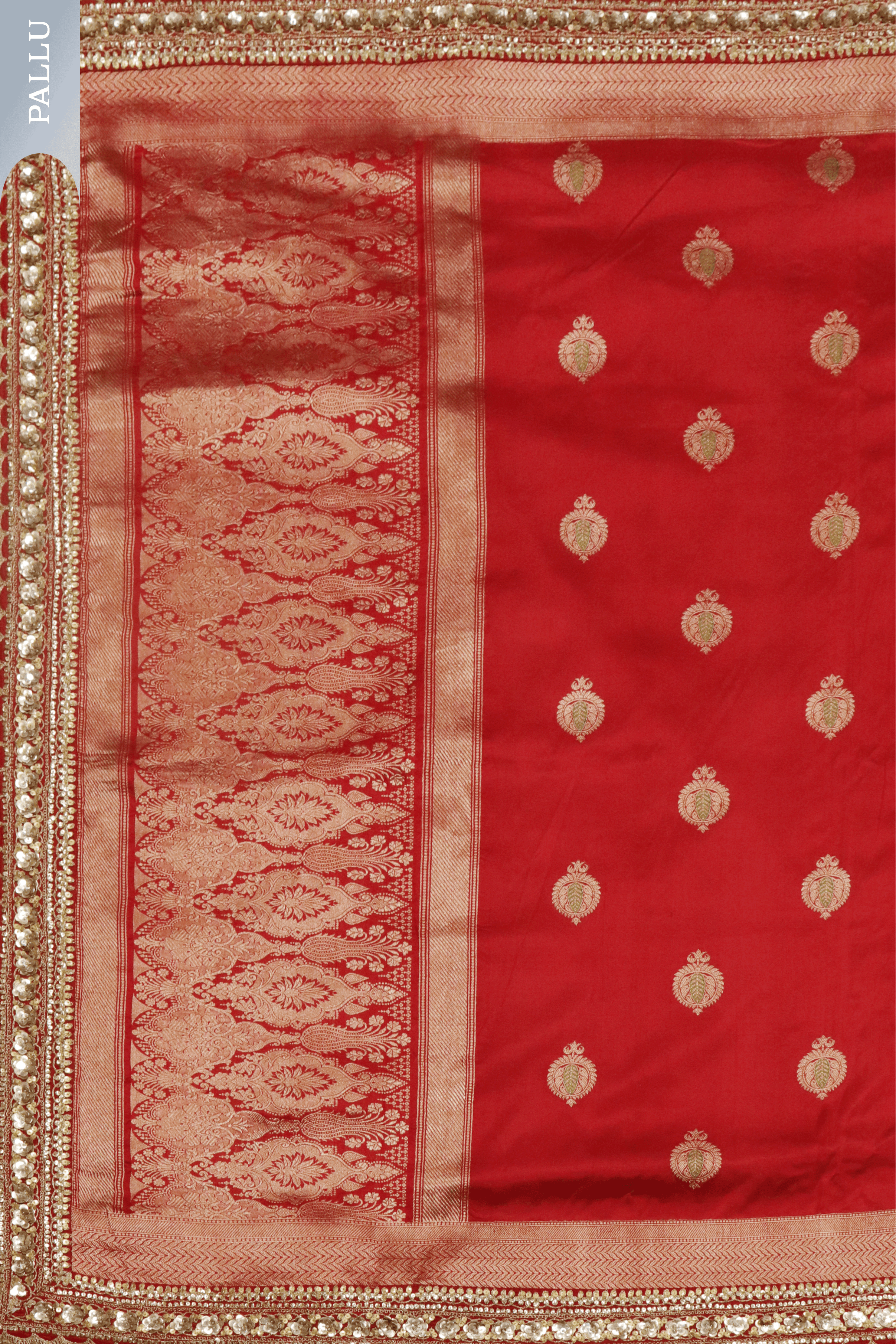 Red Banarasi Silk Saree with Kaduwa Buttas & Sequin Border - Mokshaa