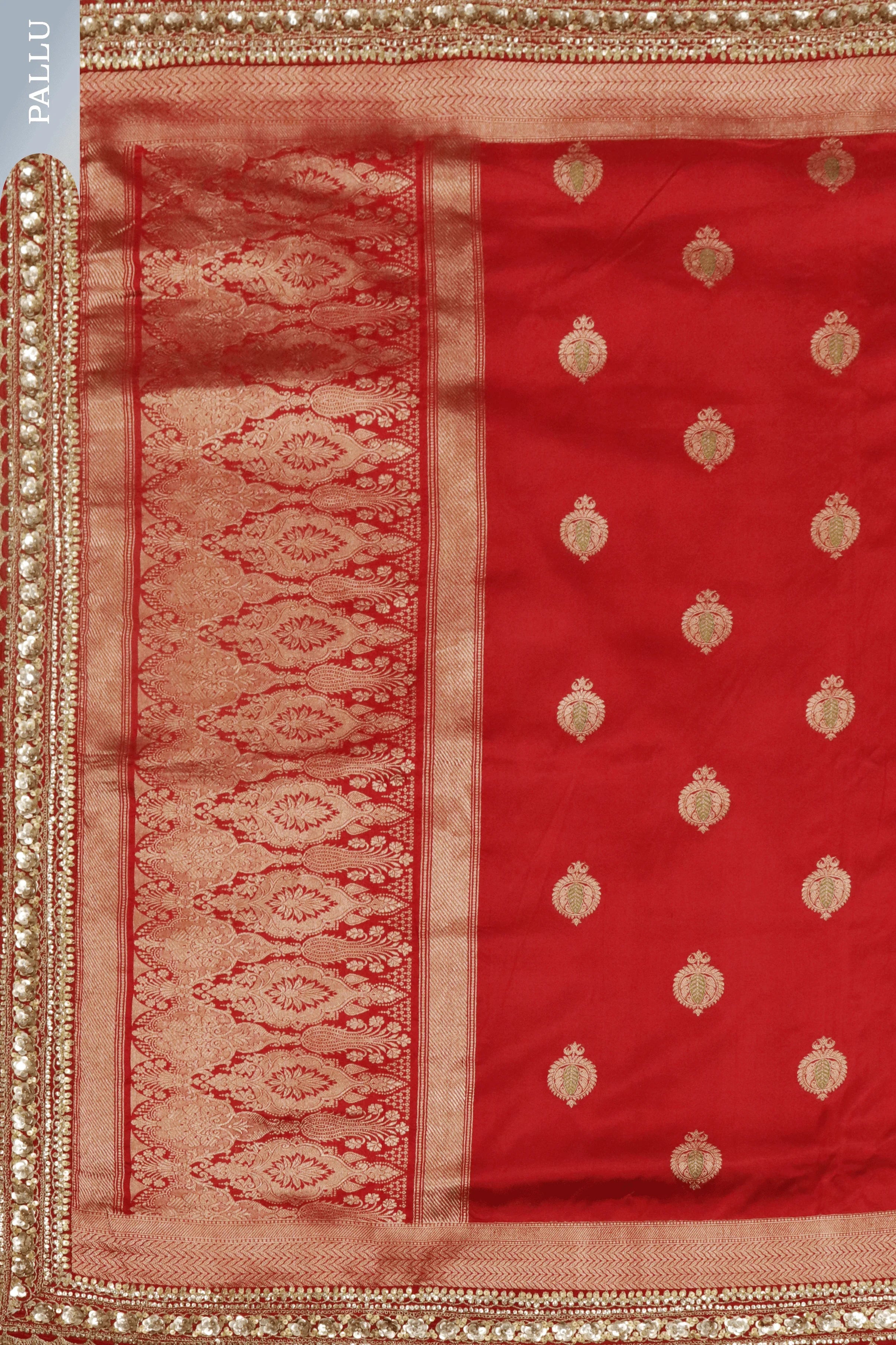 Red Banarasi Silk Saree with Kaduwa Buttas & Sequin Border - Mokshaa