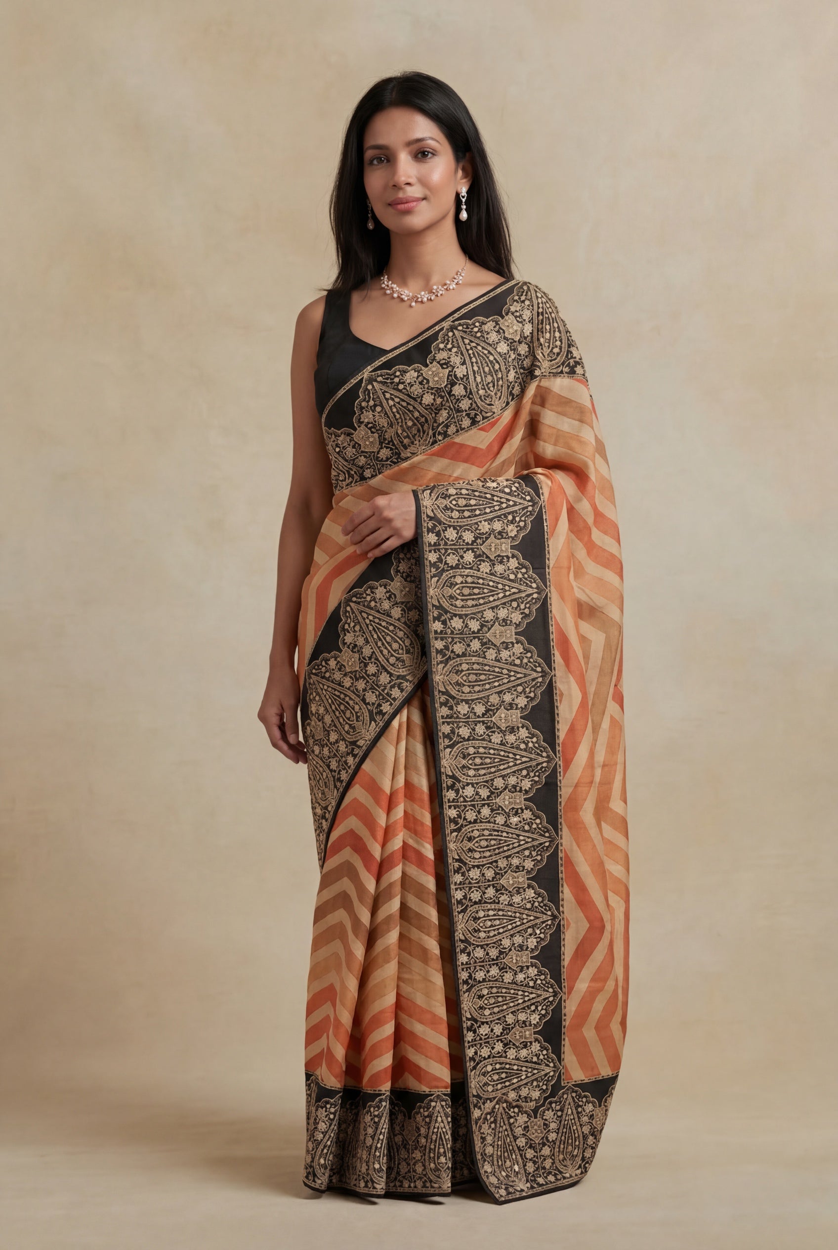 Cream Peach Tussar Silk Saree