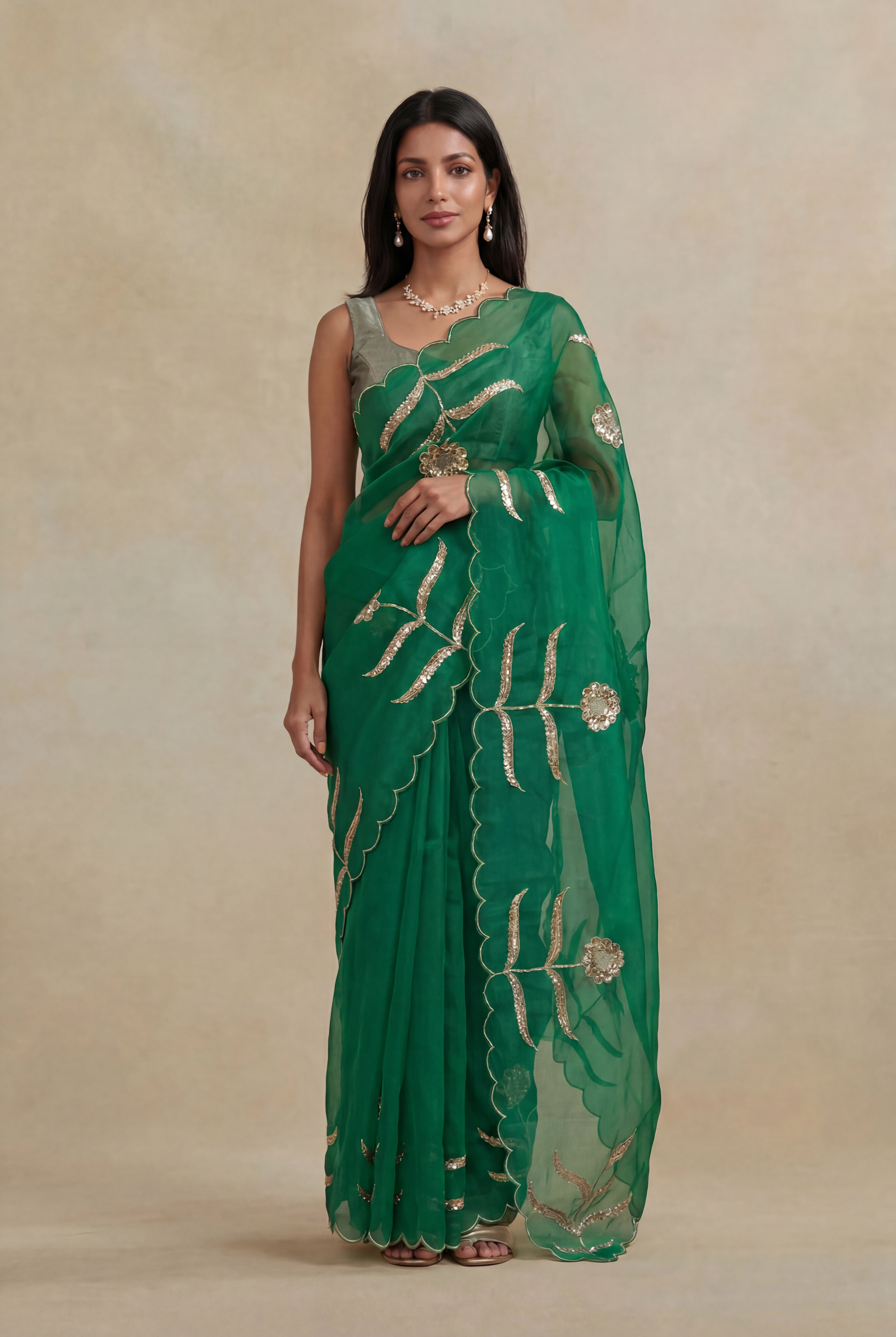 Bottle Green Organza Saree