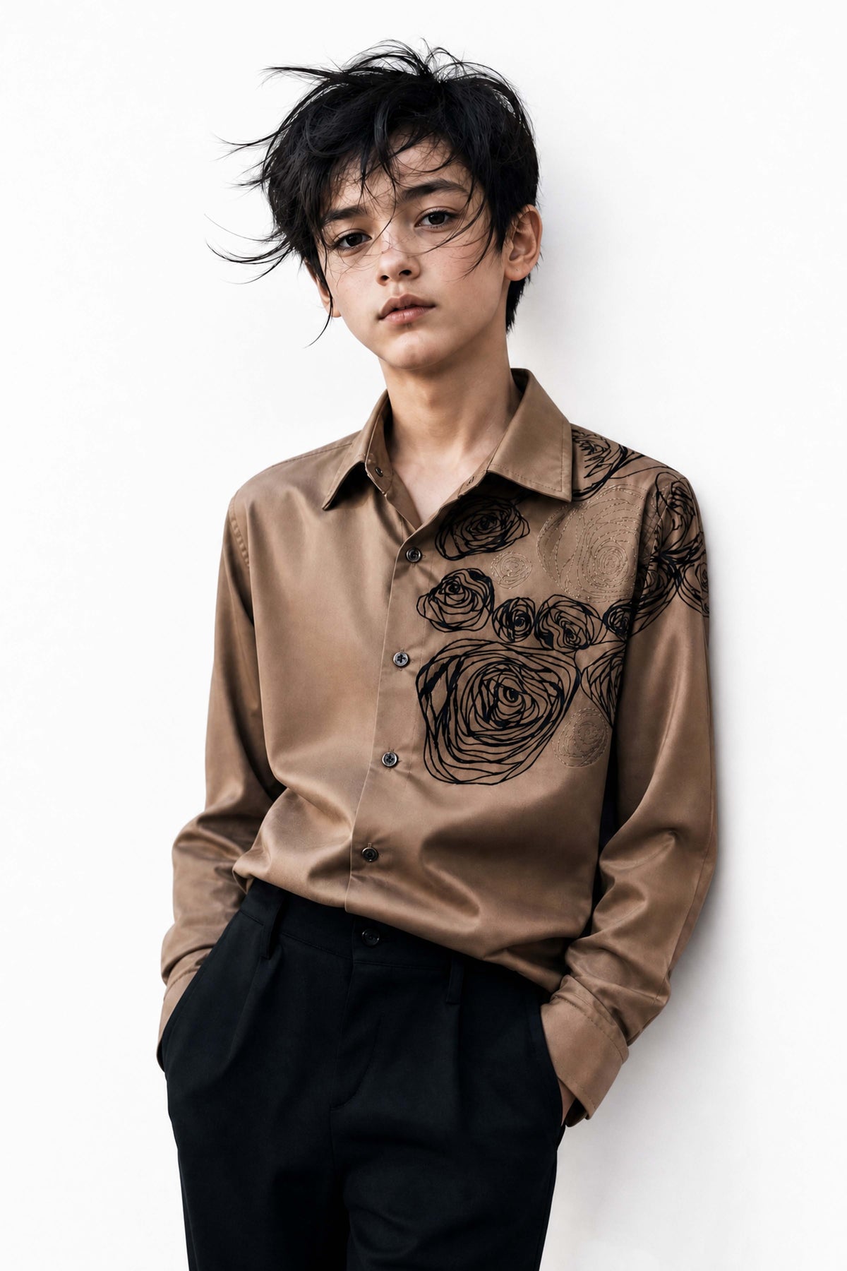 Mocha Brown Floral Embroidered Boys Shirt - Mokshaa