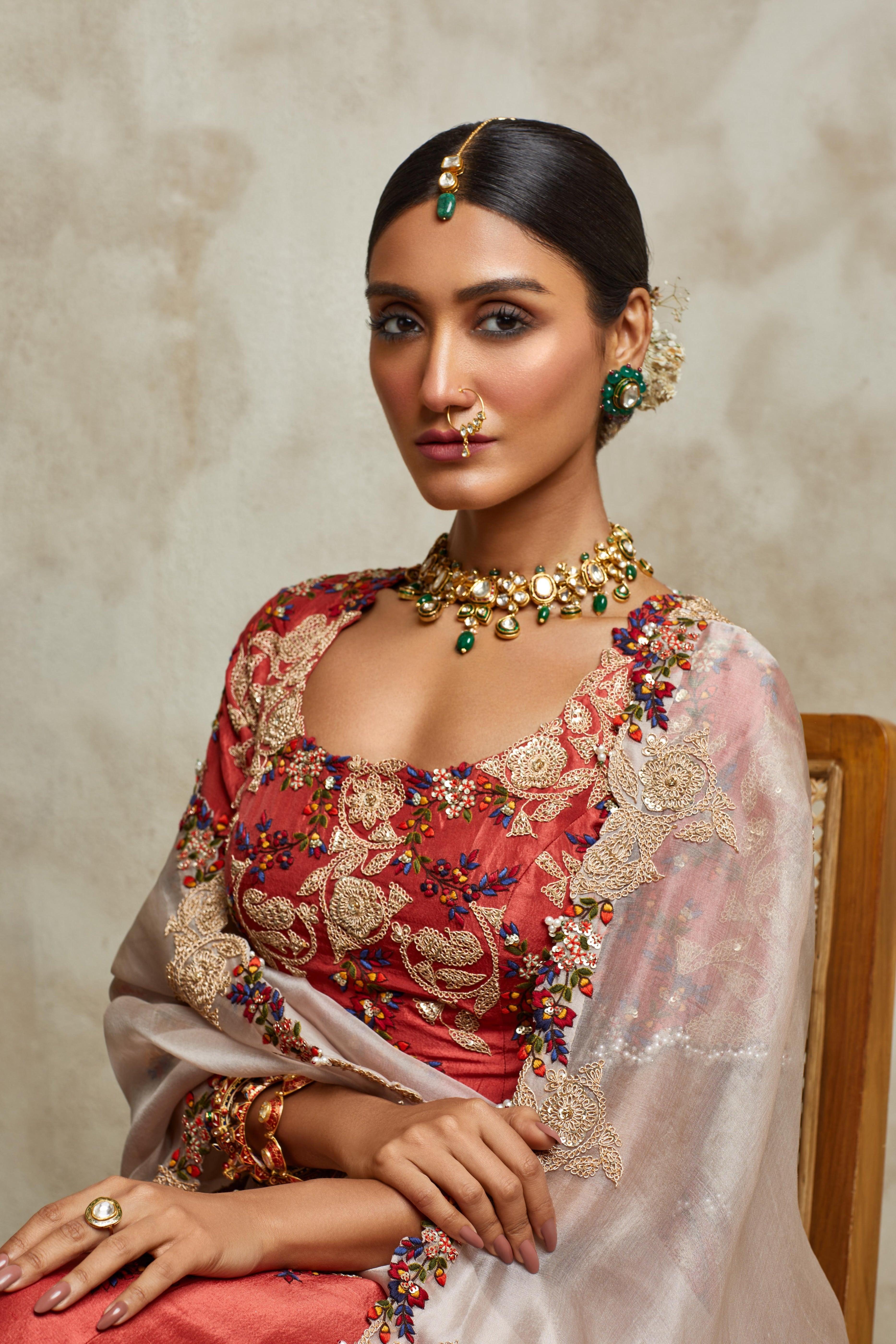 Burnt Orange Silk Blouse And Lehenga With Champagne Organza Dupatta - Mokshaa
