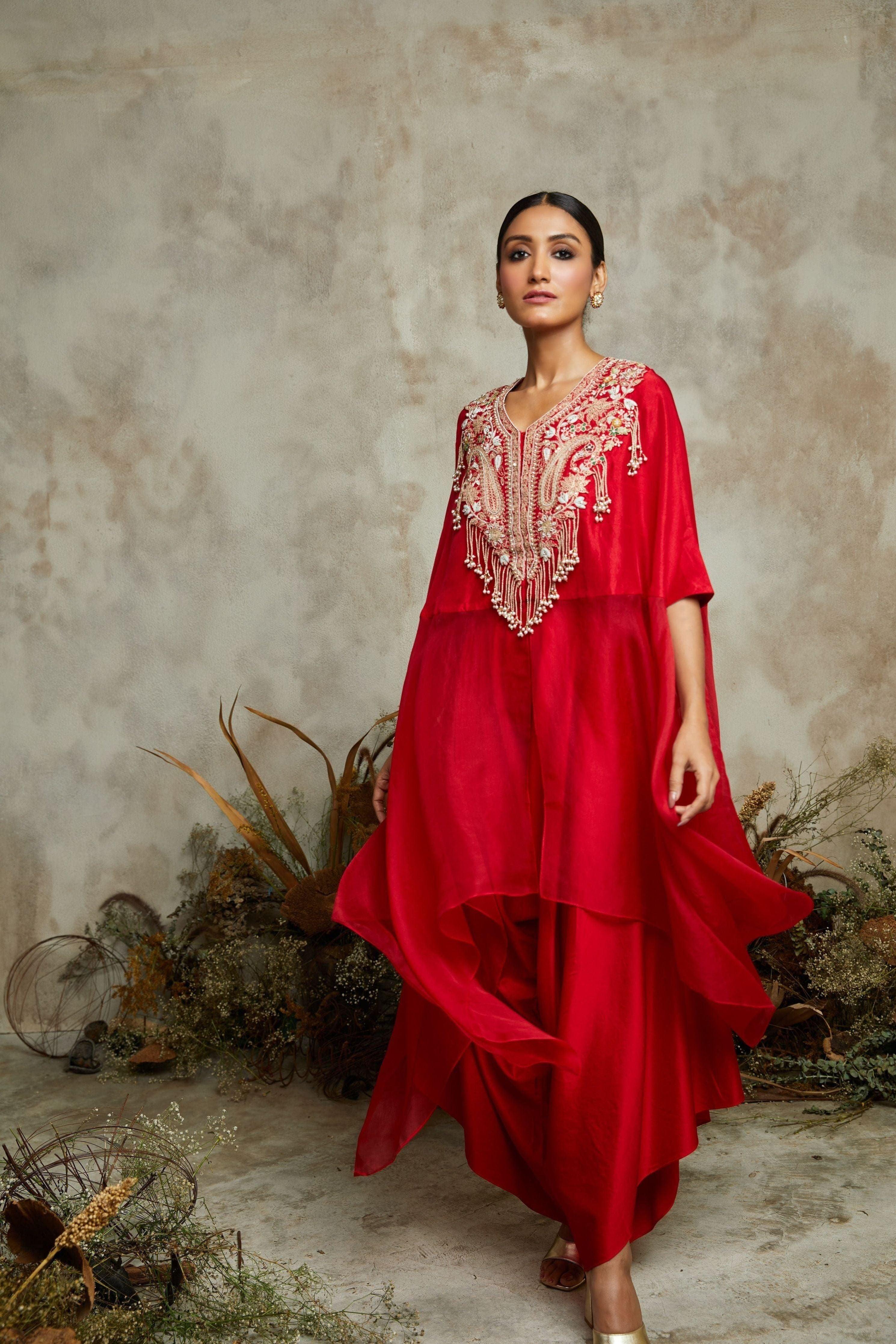 Blood Red Organza And Silk Kaftaan With Silk Bustier And Cotton Satin Pants - Mokshaa