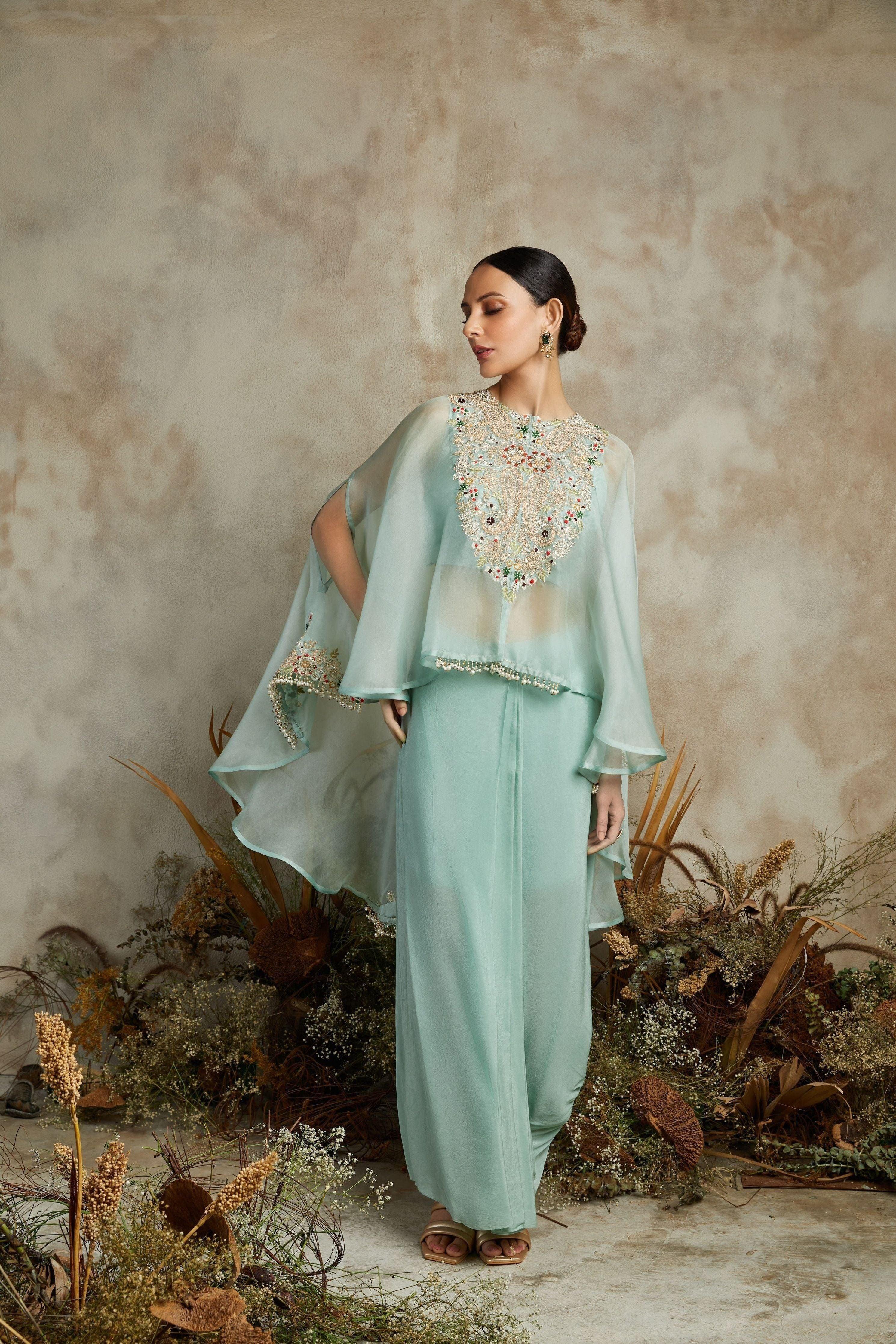 Aqua Organza Umbrella Cape With Silk Bustier And Crepe Pants - Mokshaa