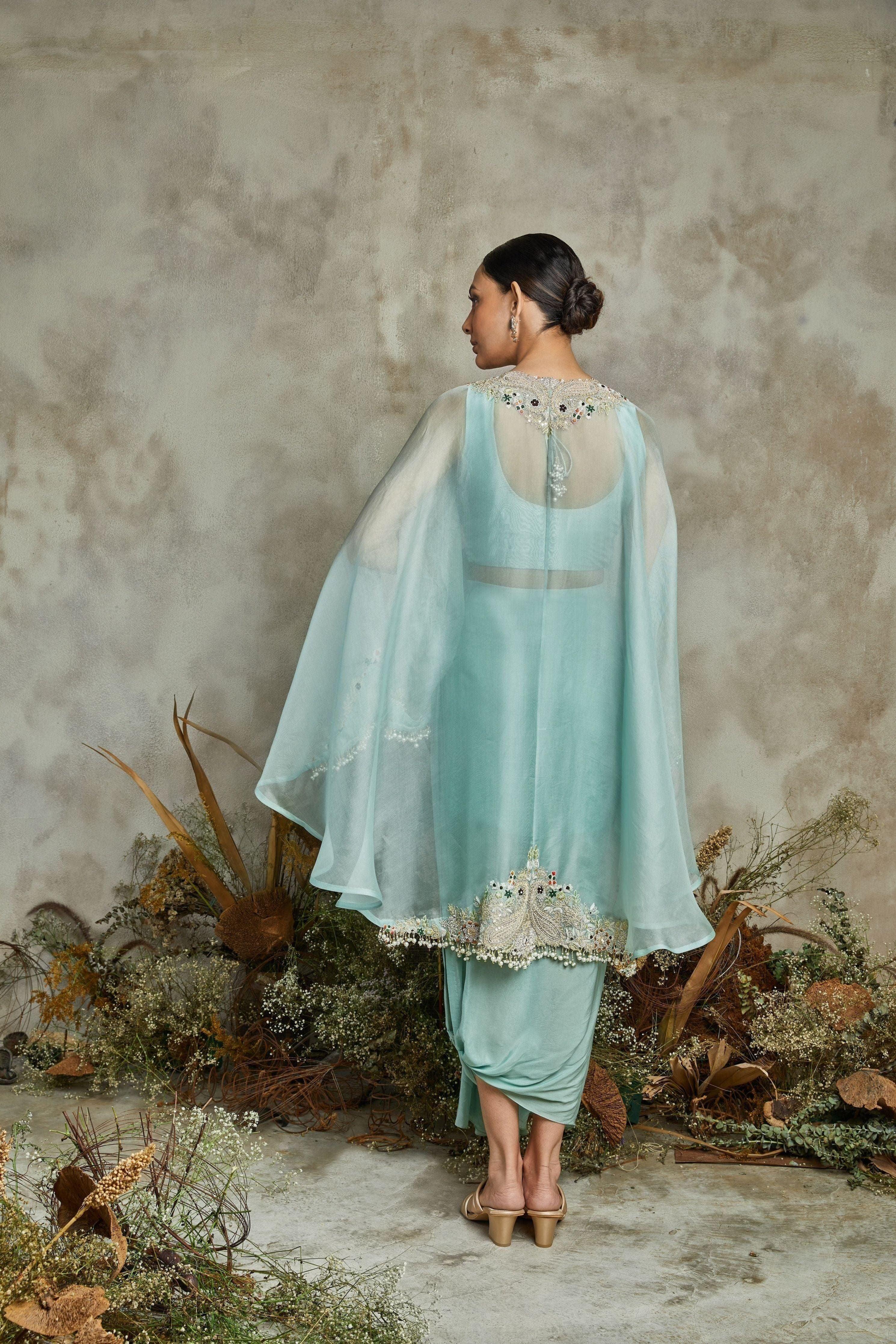 Aqua Organza Umbrella Cape With Silk Bustier And Crepe Pants - Mokshaa