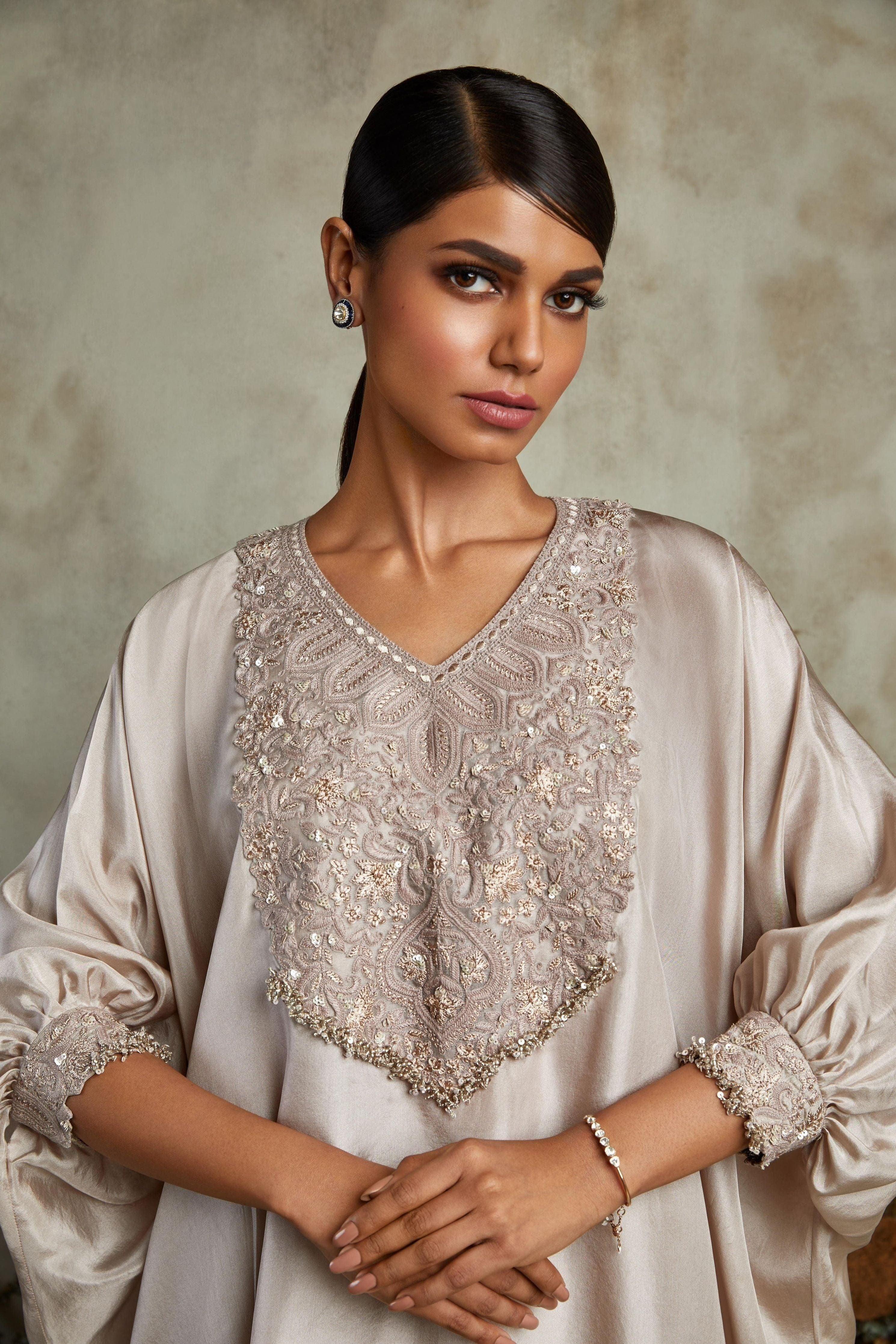 Pale Lavender Habutai Kaftaan With Cotton Satin Pants - Mokshaa