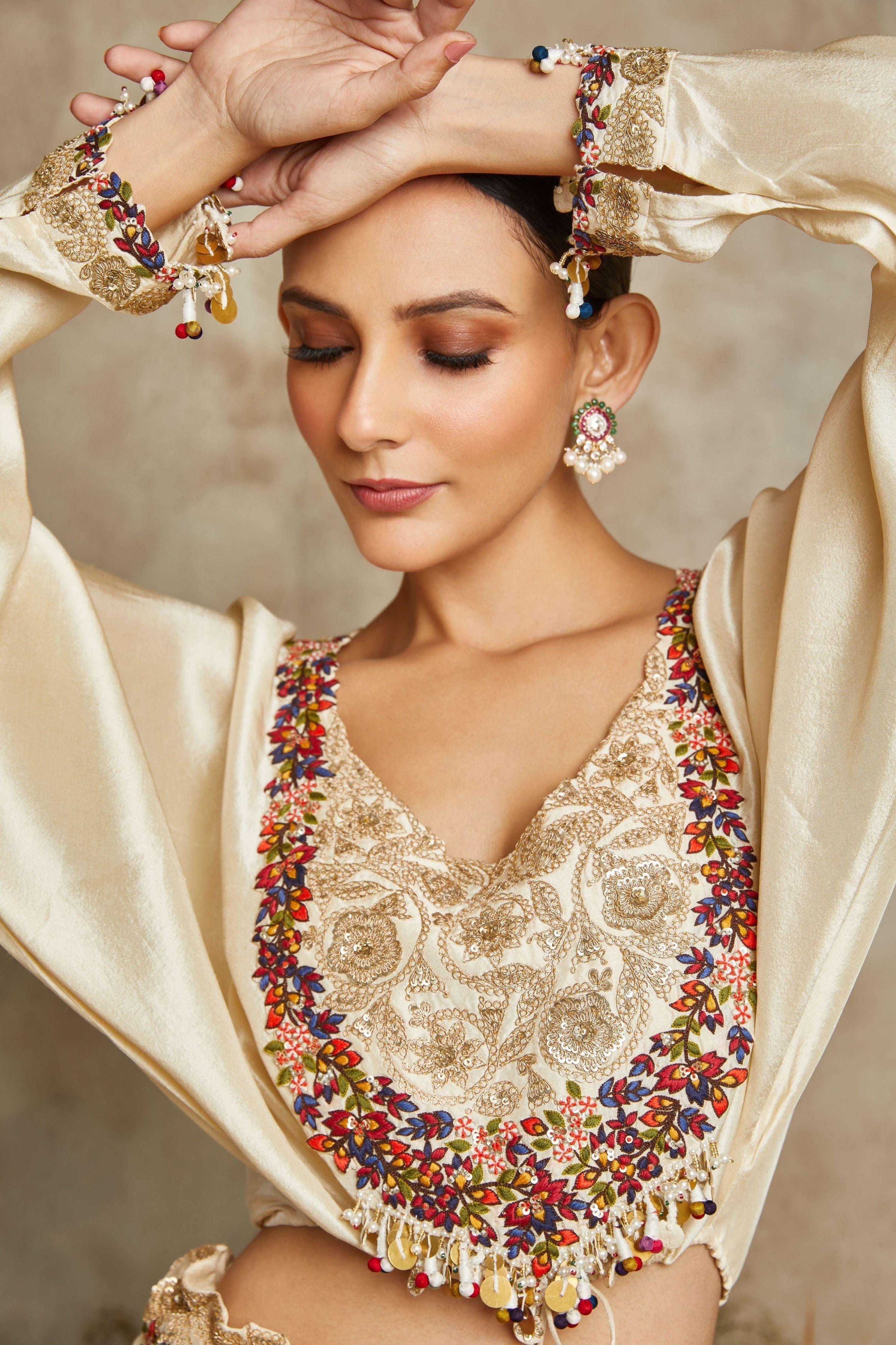 Ivory Silk Blouse With Organza Skirt - Mokshaa