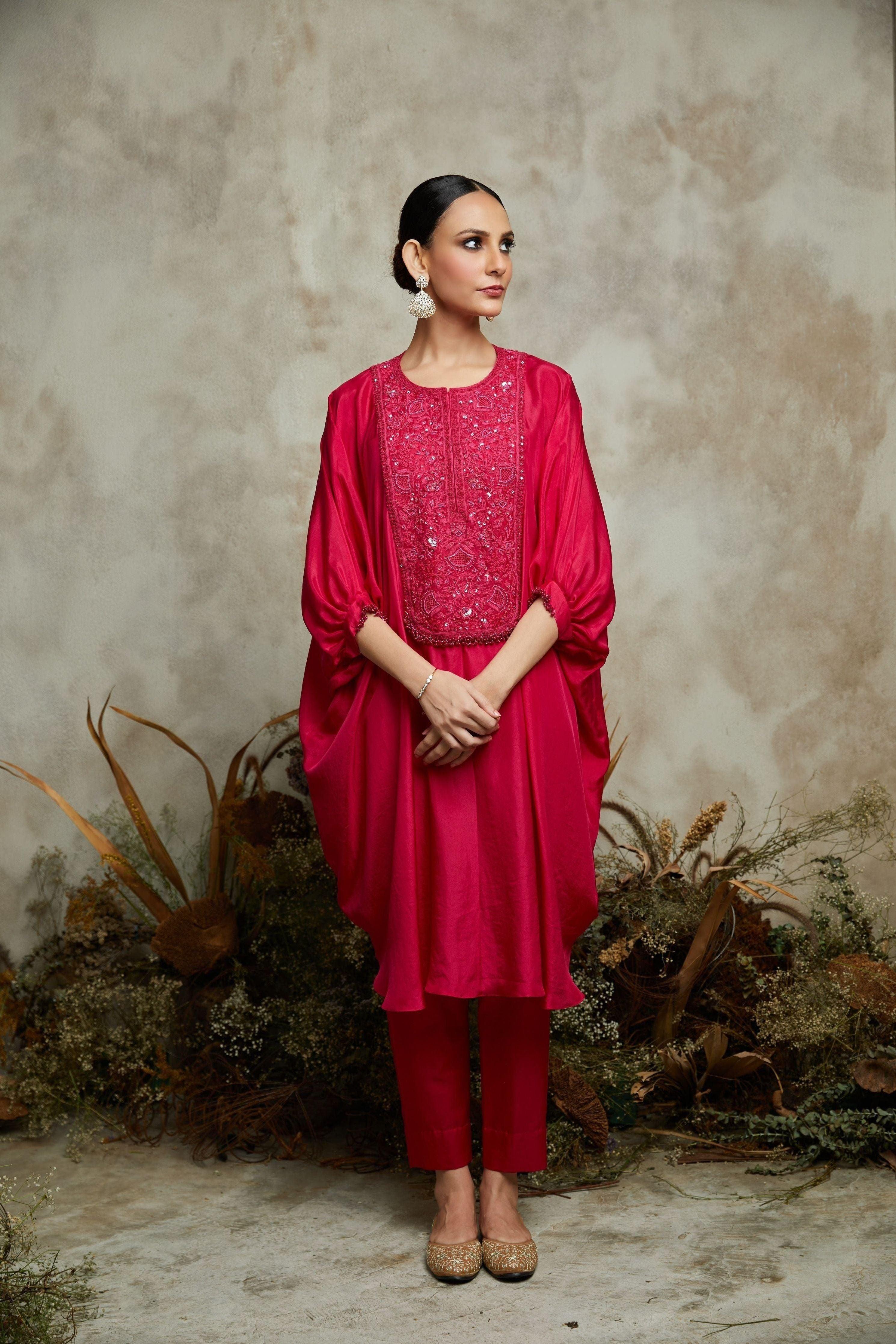 Fuscia Habutai Kaftaan With Cotton Satin Pants - Mokshaa