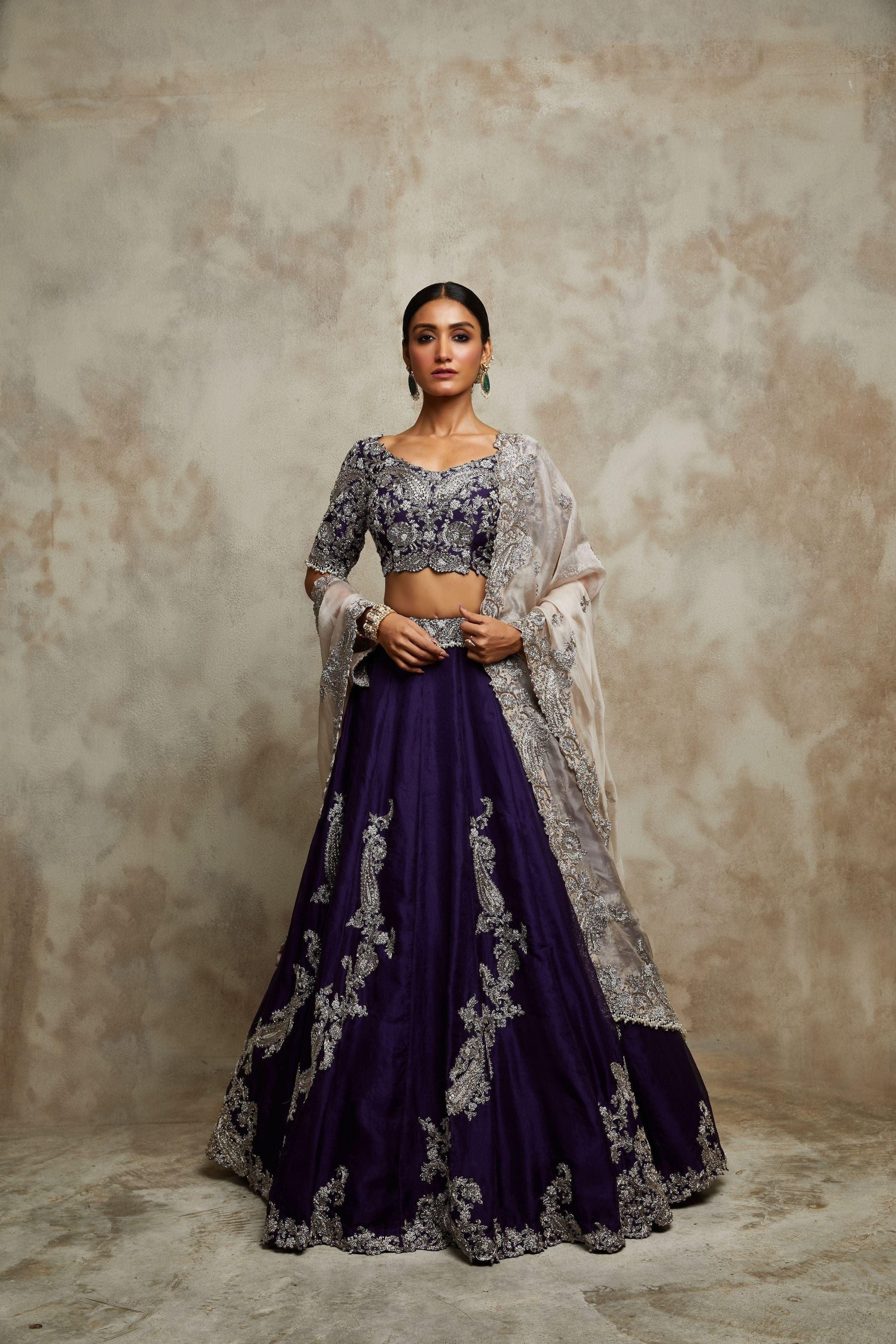 Dark Aubergine Silk Blouse With Organza Lehenga And Champagne Organza Dupatta - Mokshaa