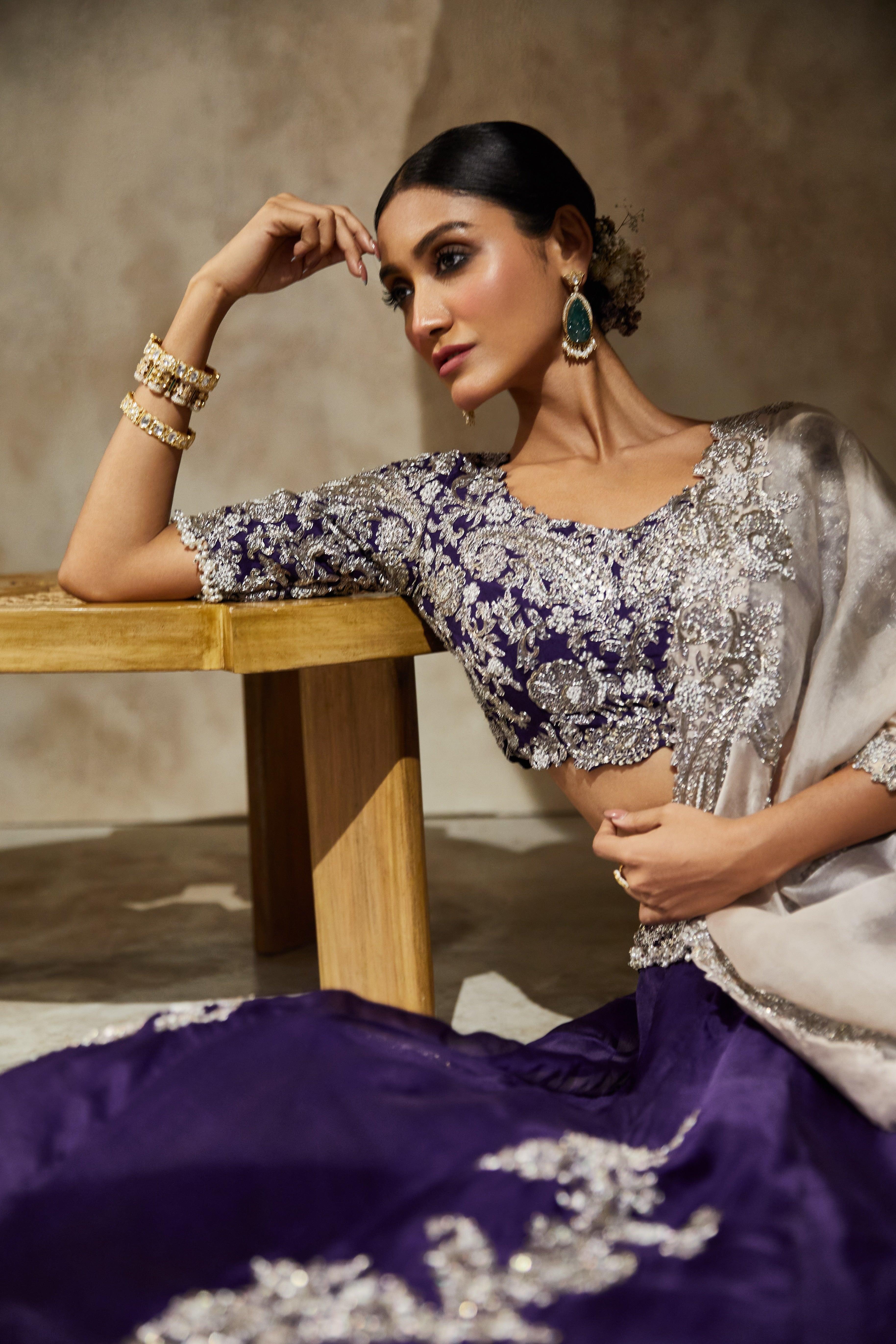 Dark Aubergine Silk Blouse With Organza Lehenga And Champagne Organza Dupatta - Mokshaa