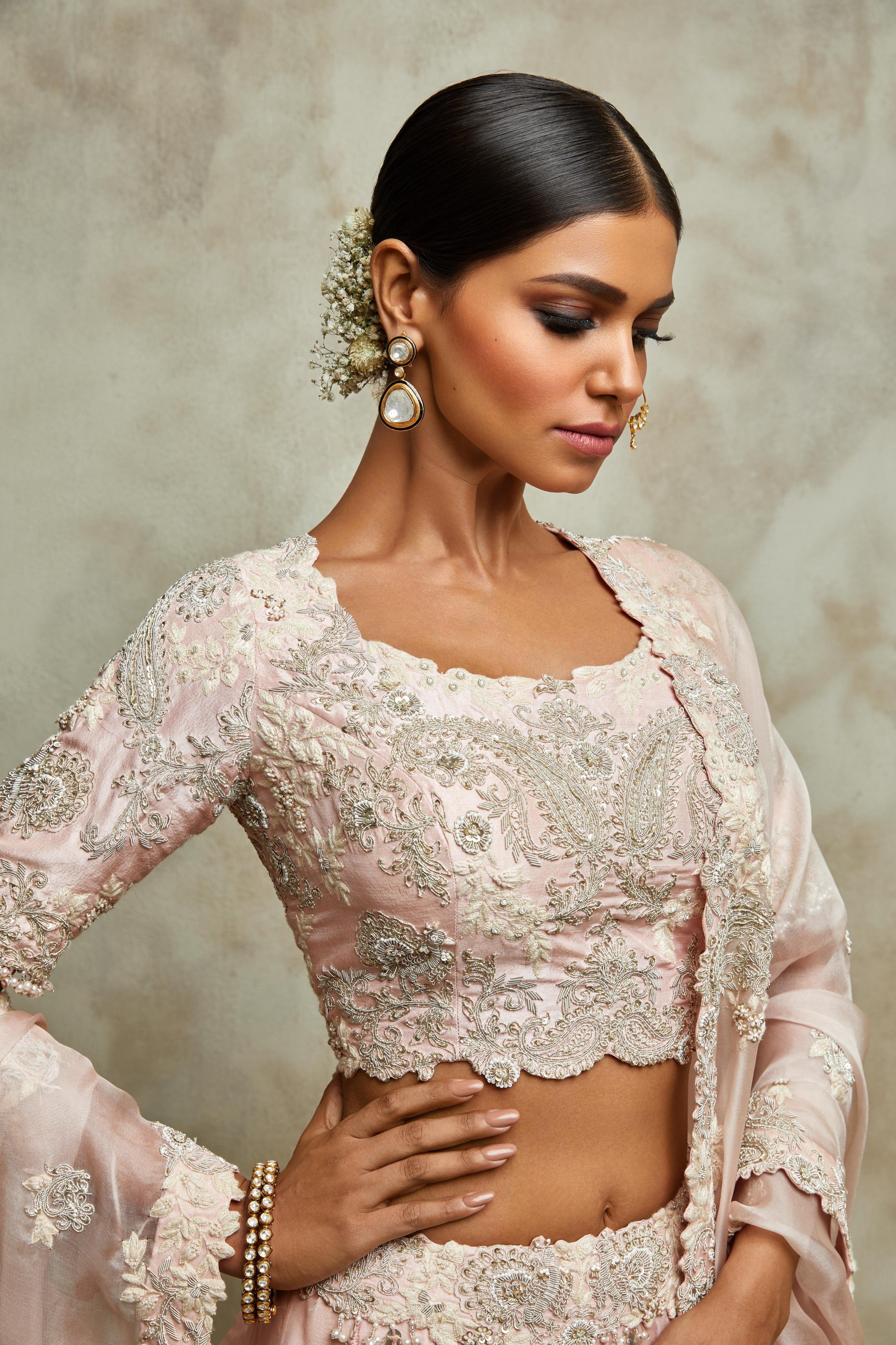 Flamingo Silk Blouse With Organza Lehenga And Dupatta - Mokshaa
