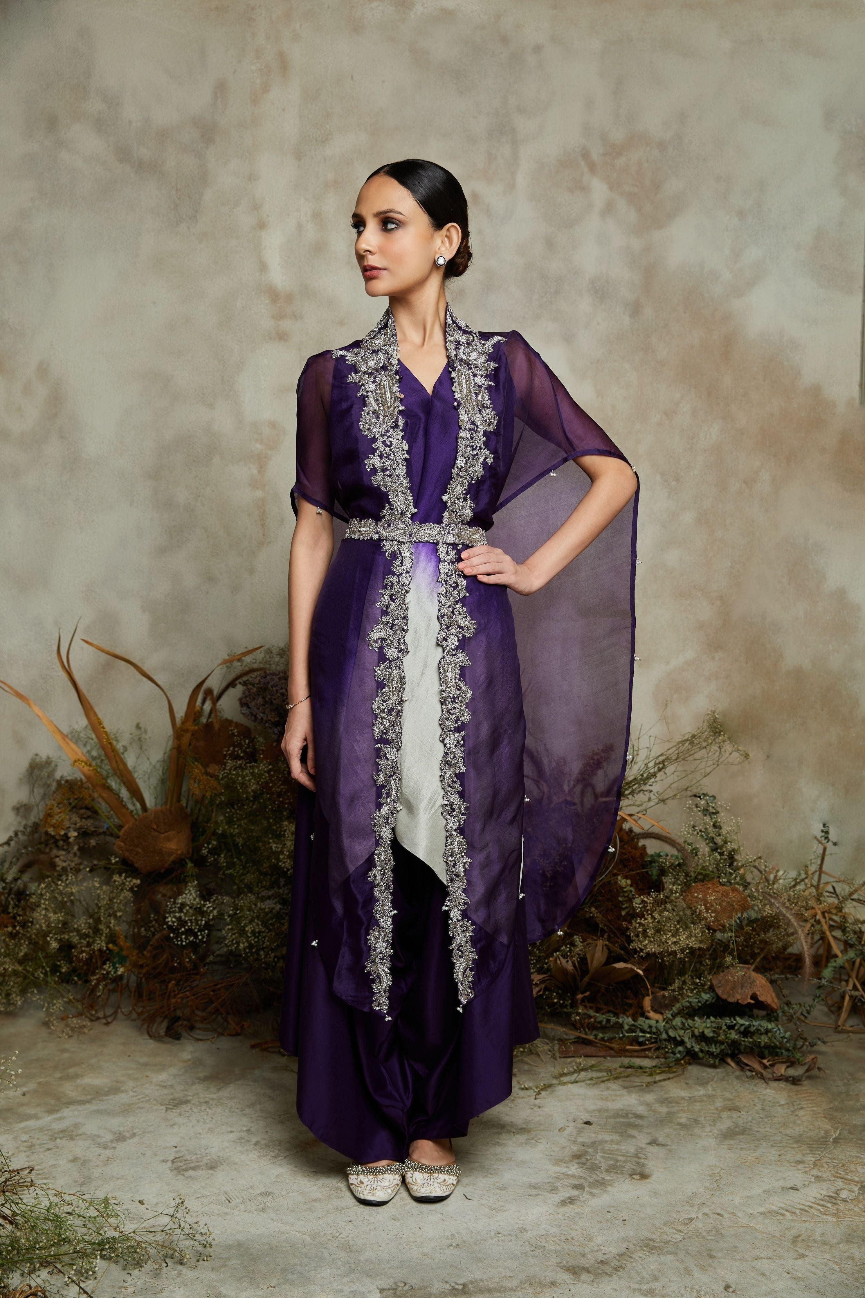 Ombre Silk Handkerchief Kurta With Cape And Cotton Satin Pants - Mokshaa