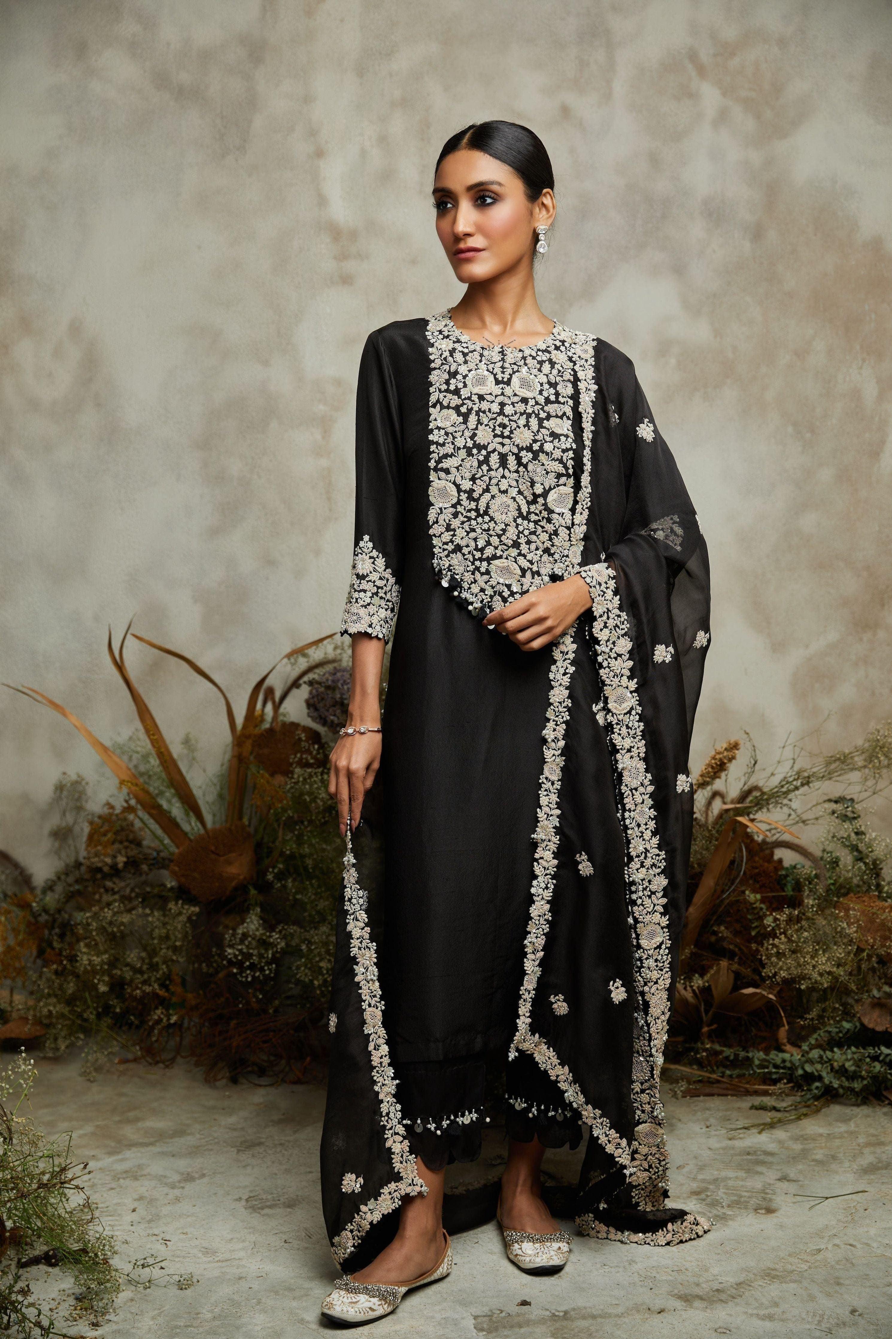 Black Silk Kurta With Organza Dupatta And Cotton Satin Pants - Mokshaa