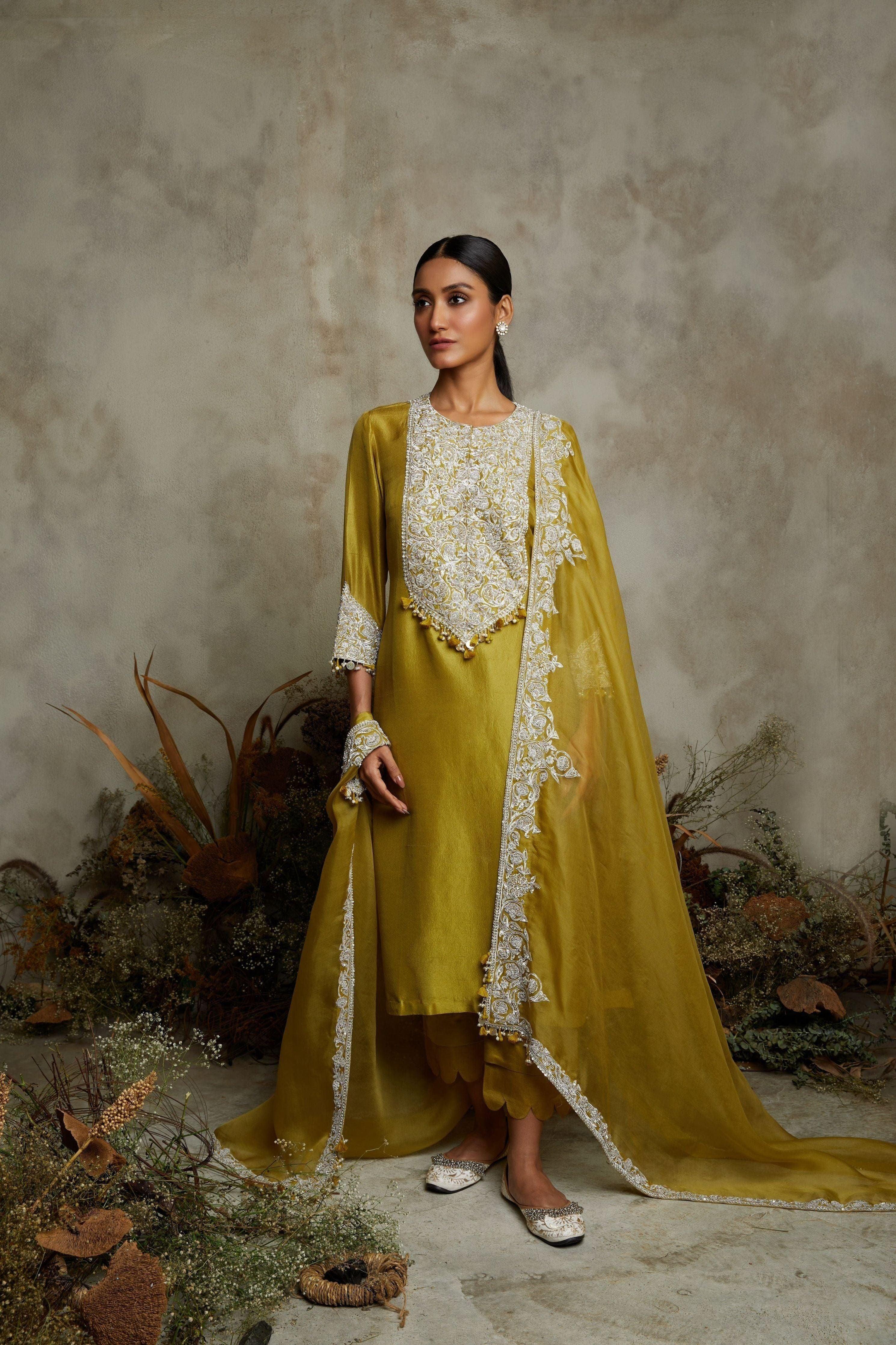 Olive Green Silk Kurta With Organza Dupatta And Cotton Satin Pants - Mokshaa