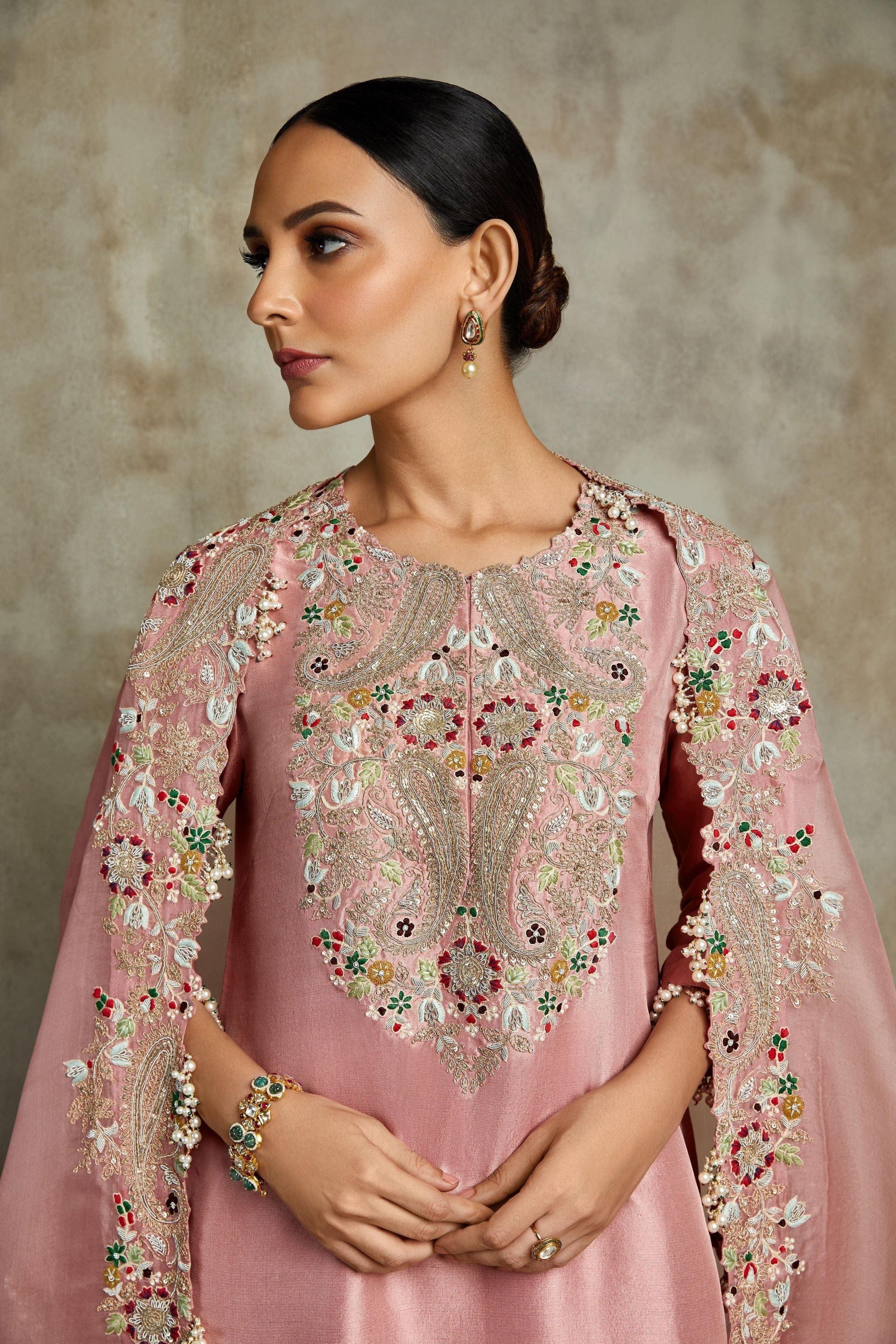 Pink Silk Kurta With Organza Cape And Sharara - Mokshaa
