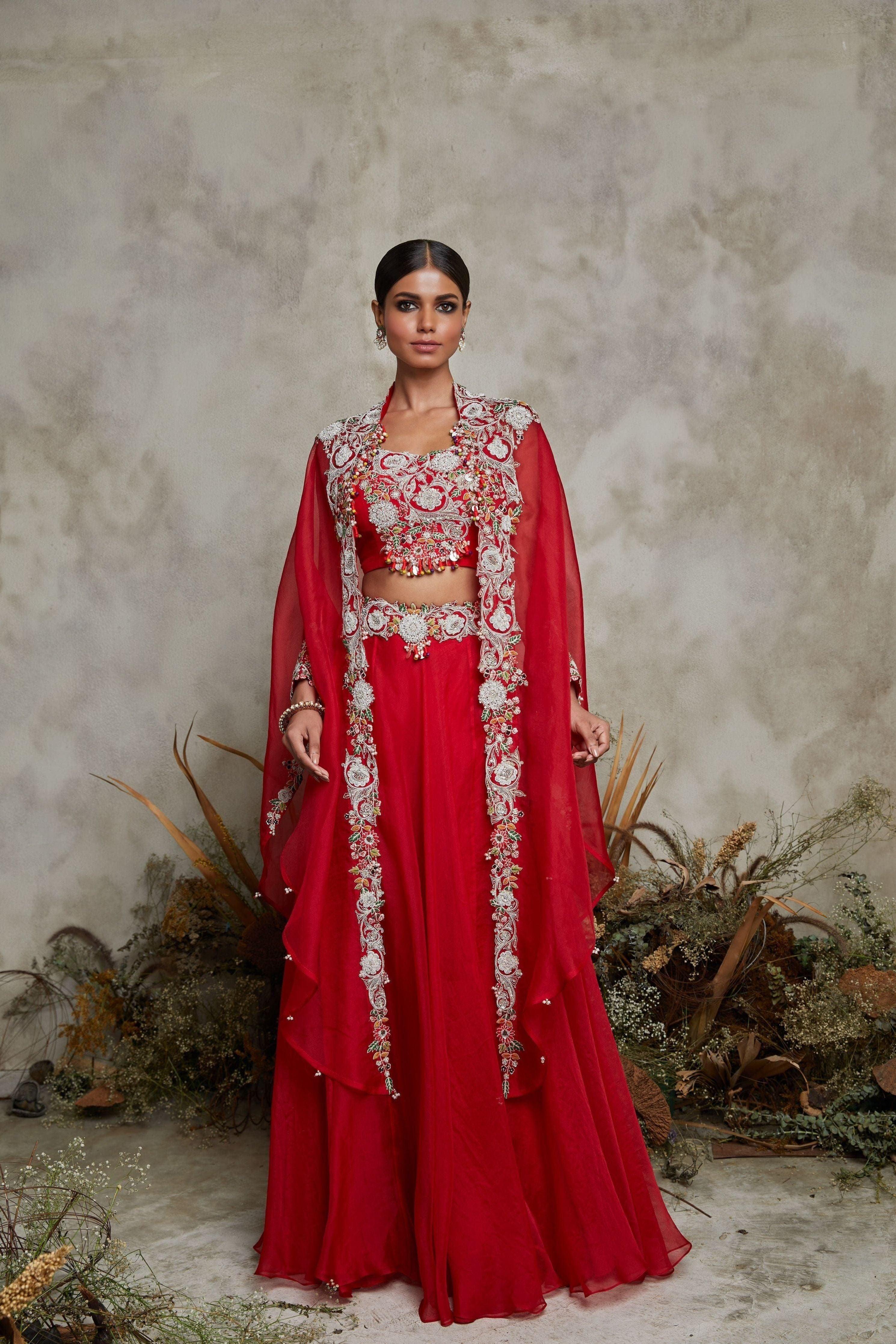 Blood Red Silk Blouse With Organza Skirt And Cape - Mokshaa