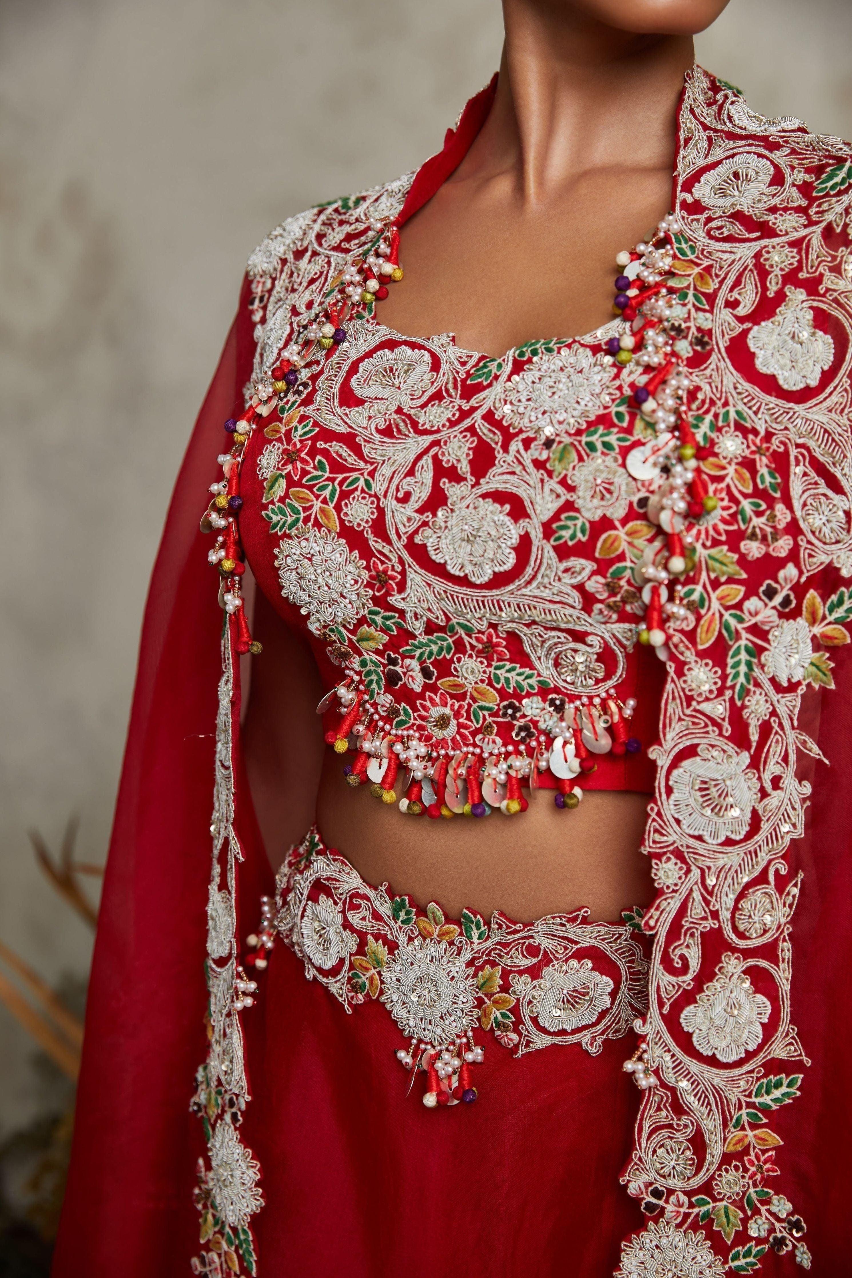 Blood Red Silk Blouse With Organza Skirt And Cape - Mokshaa
