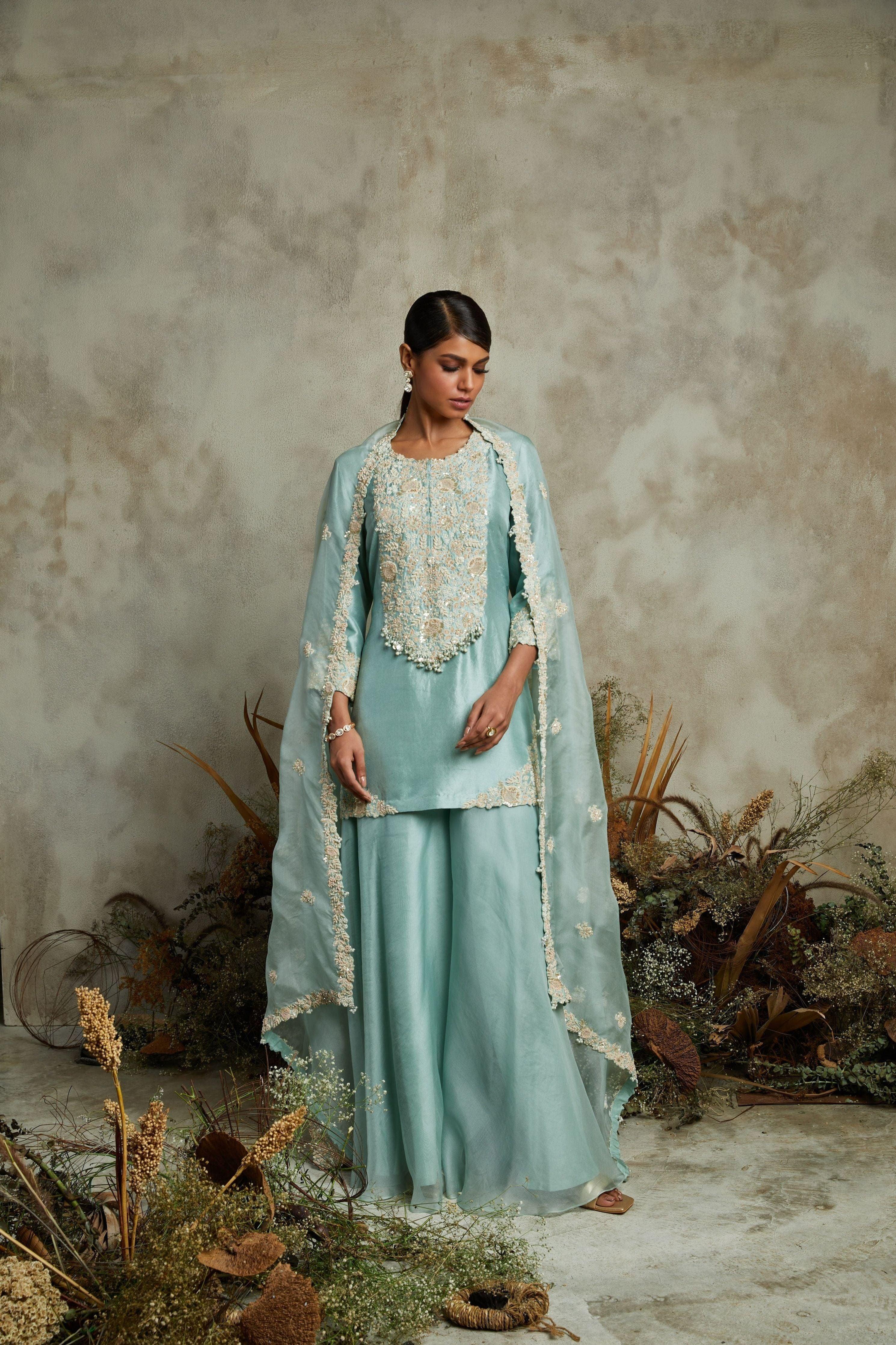 Aqua Silk Kurta With Organza Dupatta And Sharara - Mokshaa
