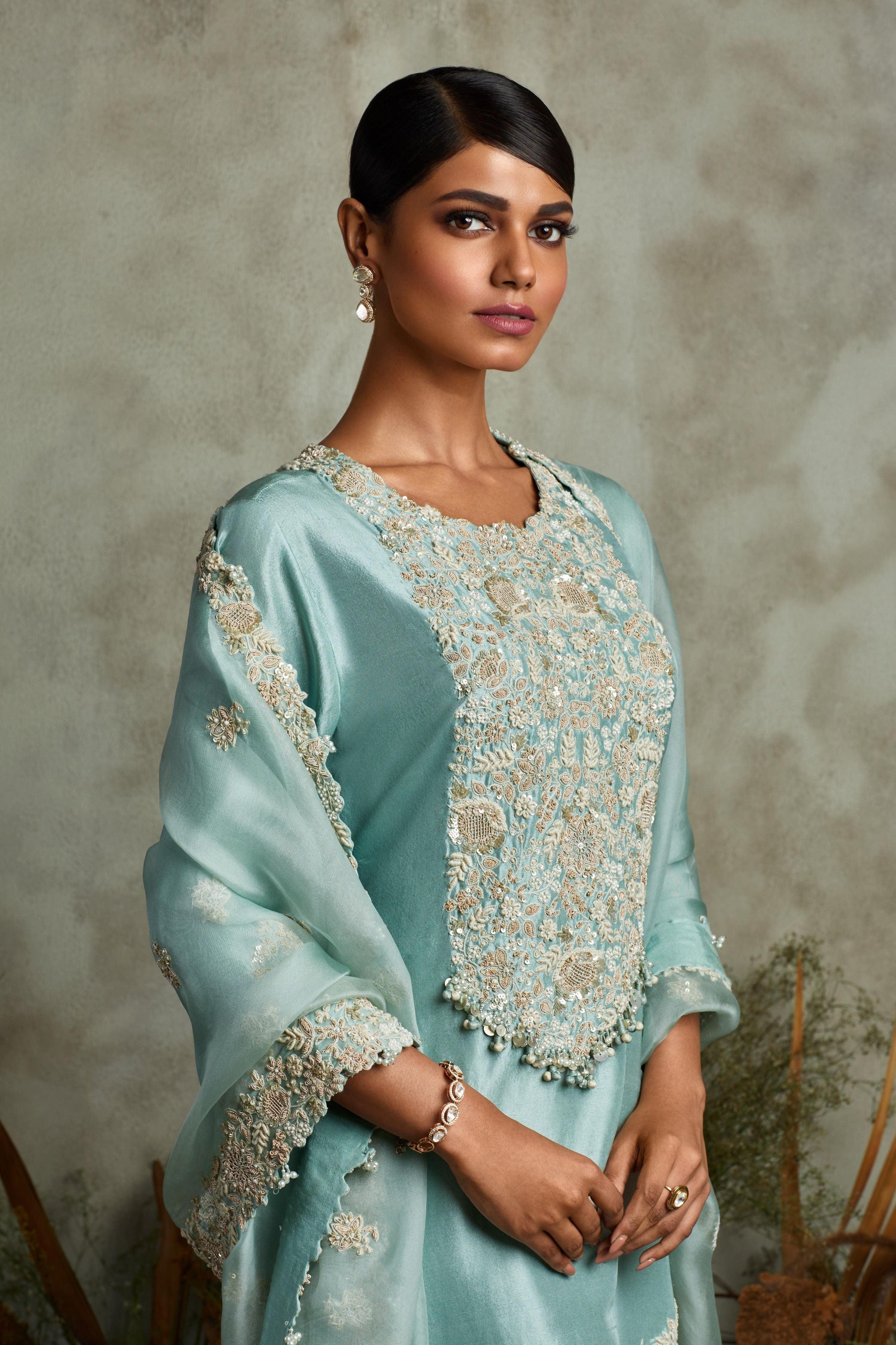 Aqua Silk Kurta With Organza Dupatta And Sharara - Mokshaa